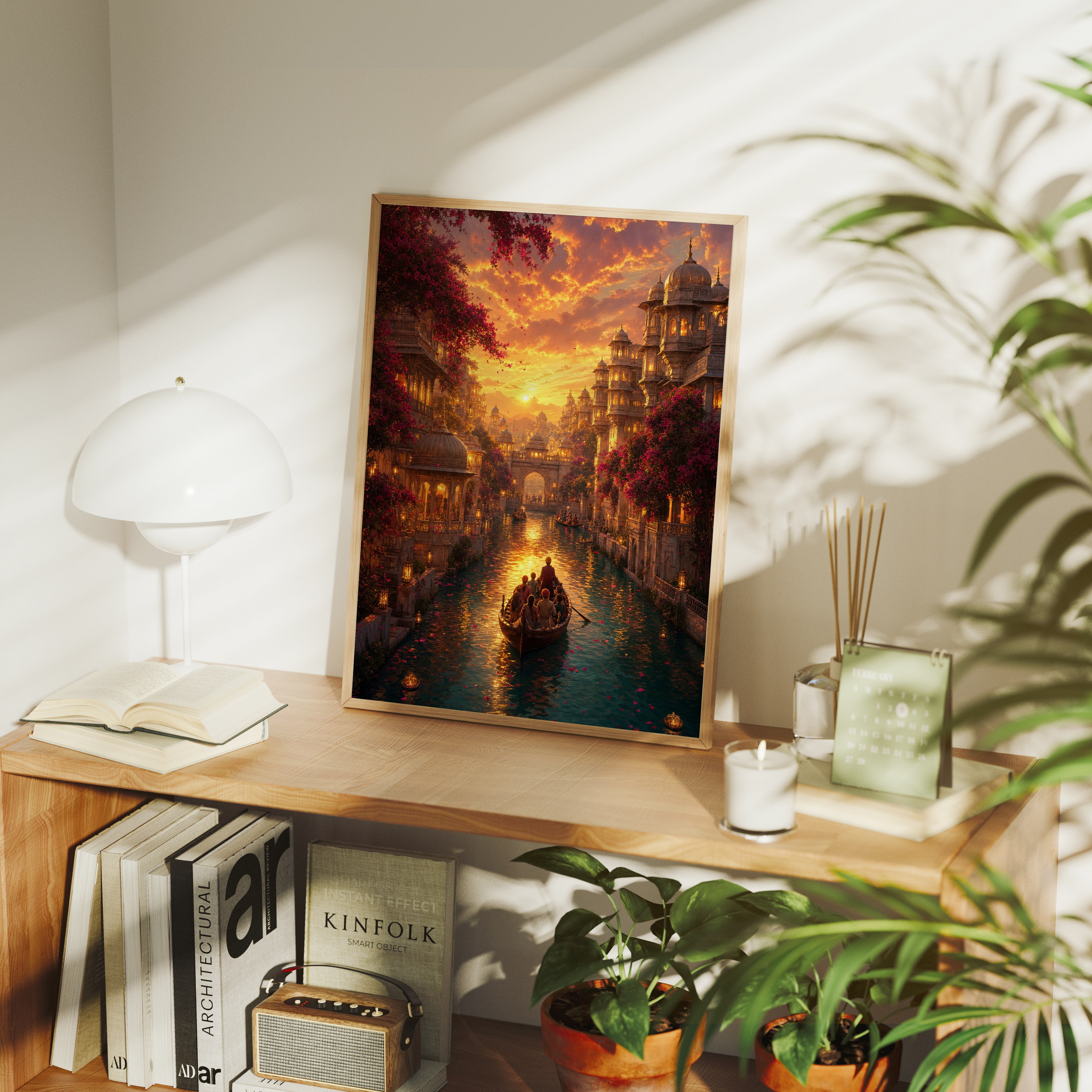Udaipur Dramatic Sunset Palace poster gallery shelf mockup by Seji Art