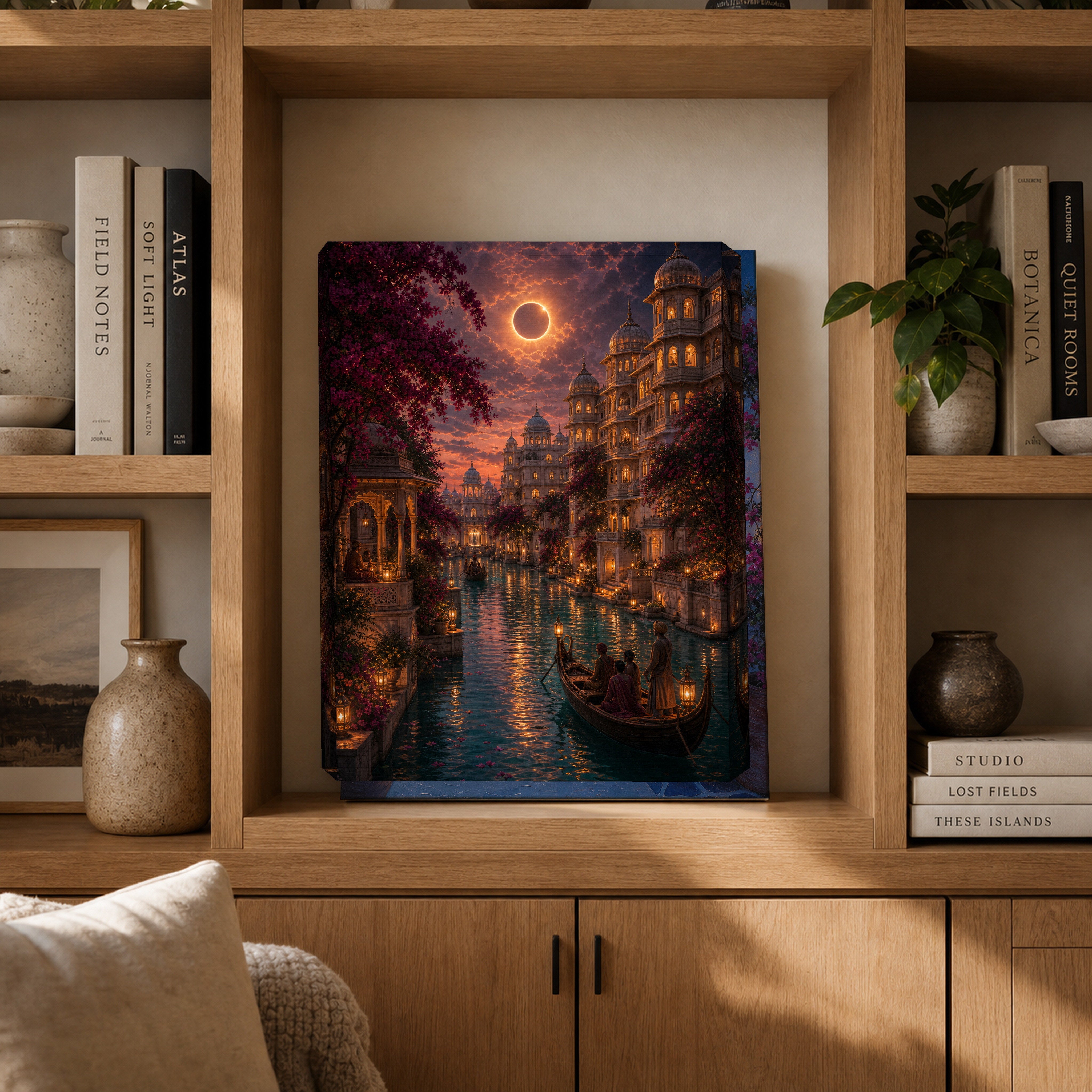 Udaipur Eclipse Twilight Palace canvas gallery shelf mockup by Seji Art