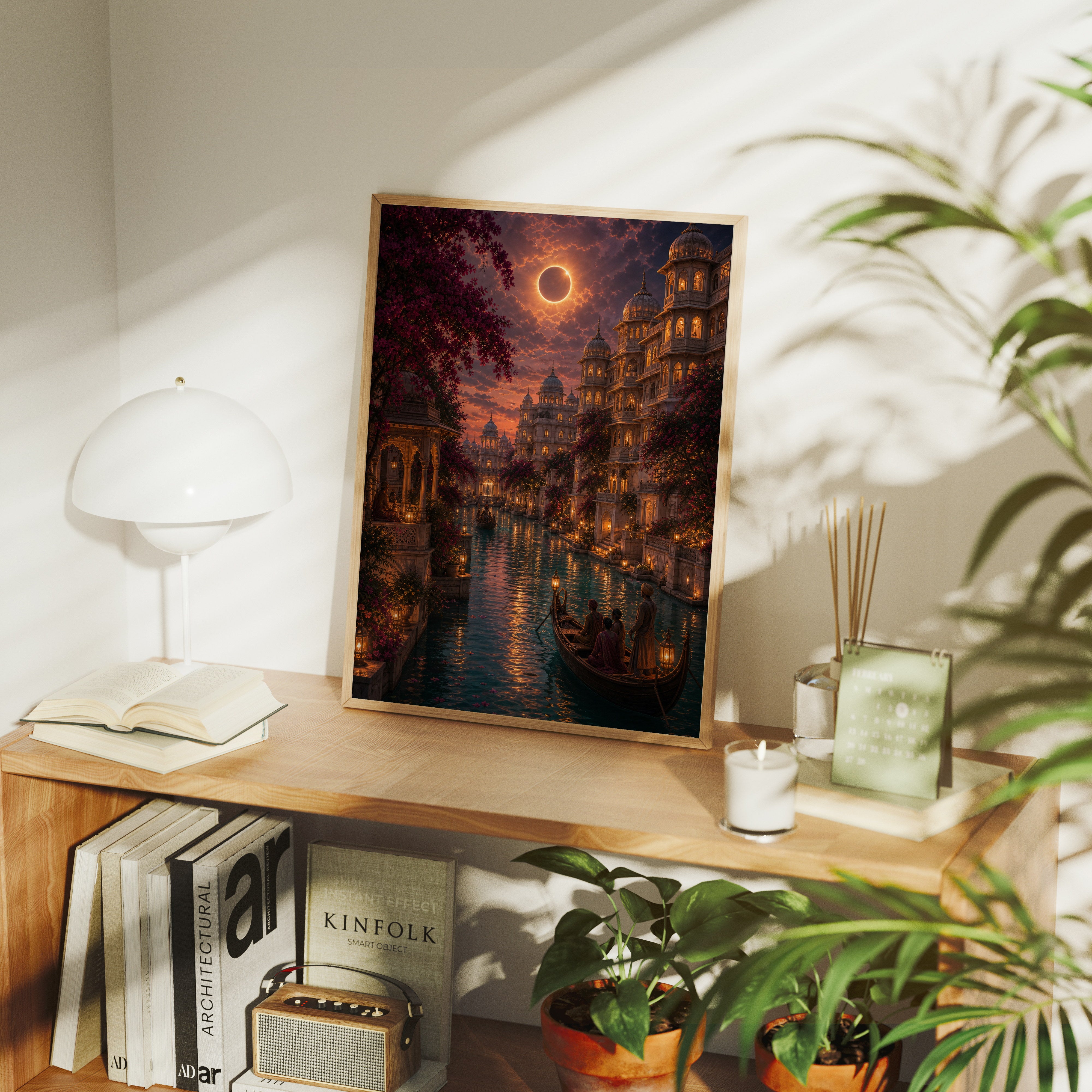 Udaipur Eclipse Twilight Palace poster gallery shelf mockup by Seji Art