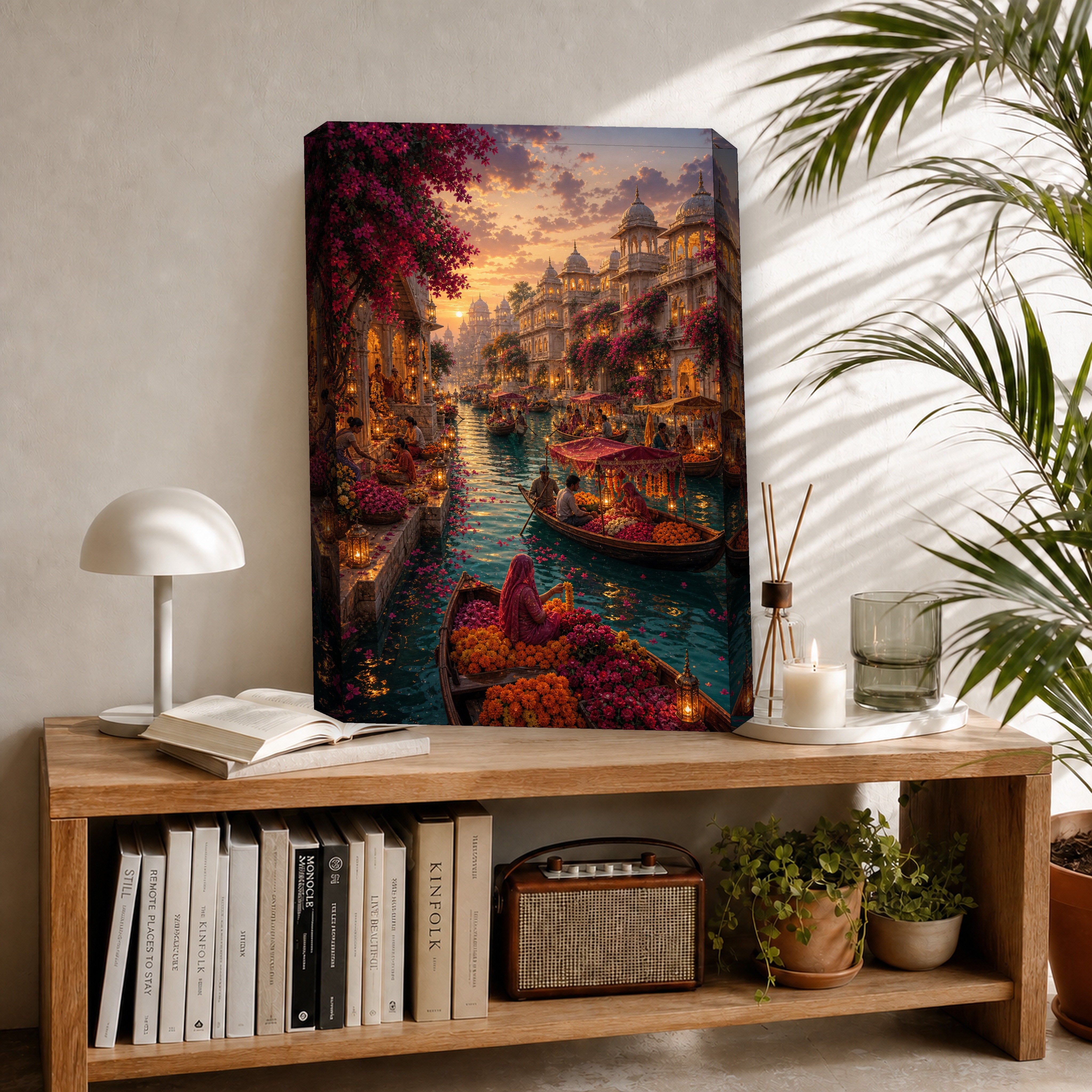 Udaipur Floating Flower Market canvas room mockup by Seji Art