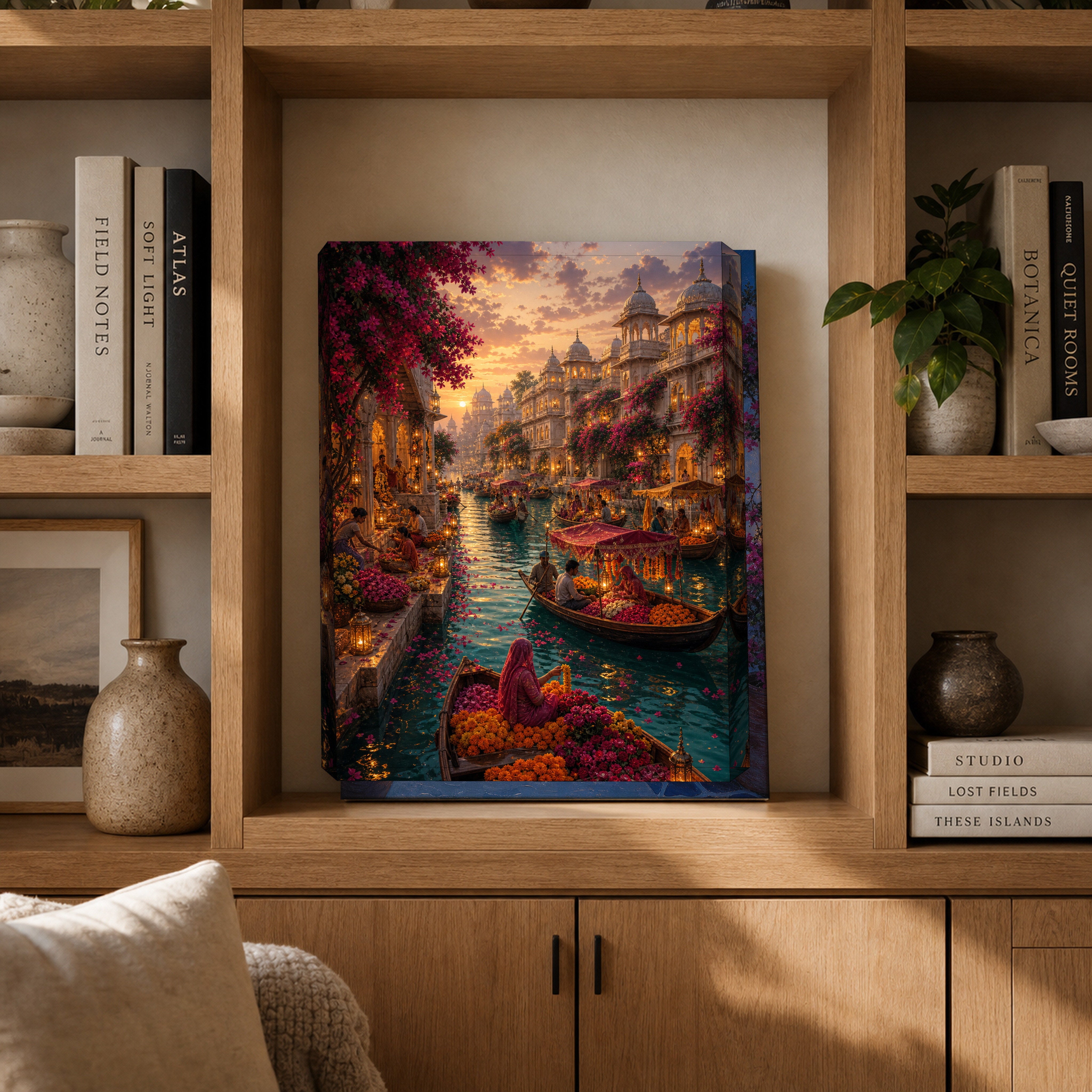 Udaipur Floating Flower Market canvas gallery shelf mockup by Seji Art