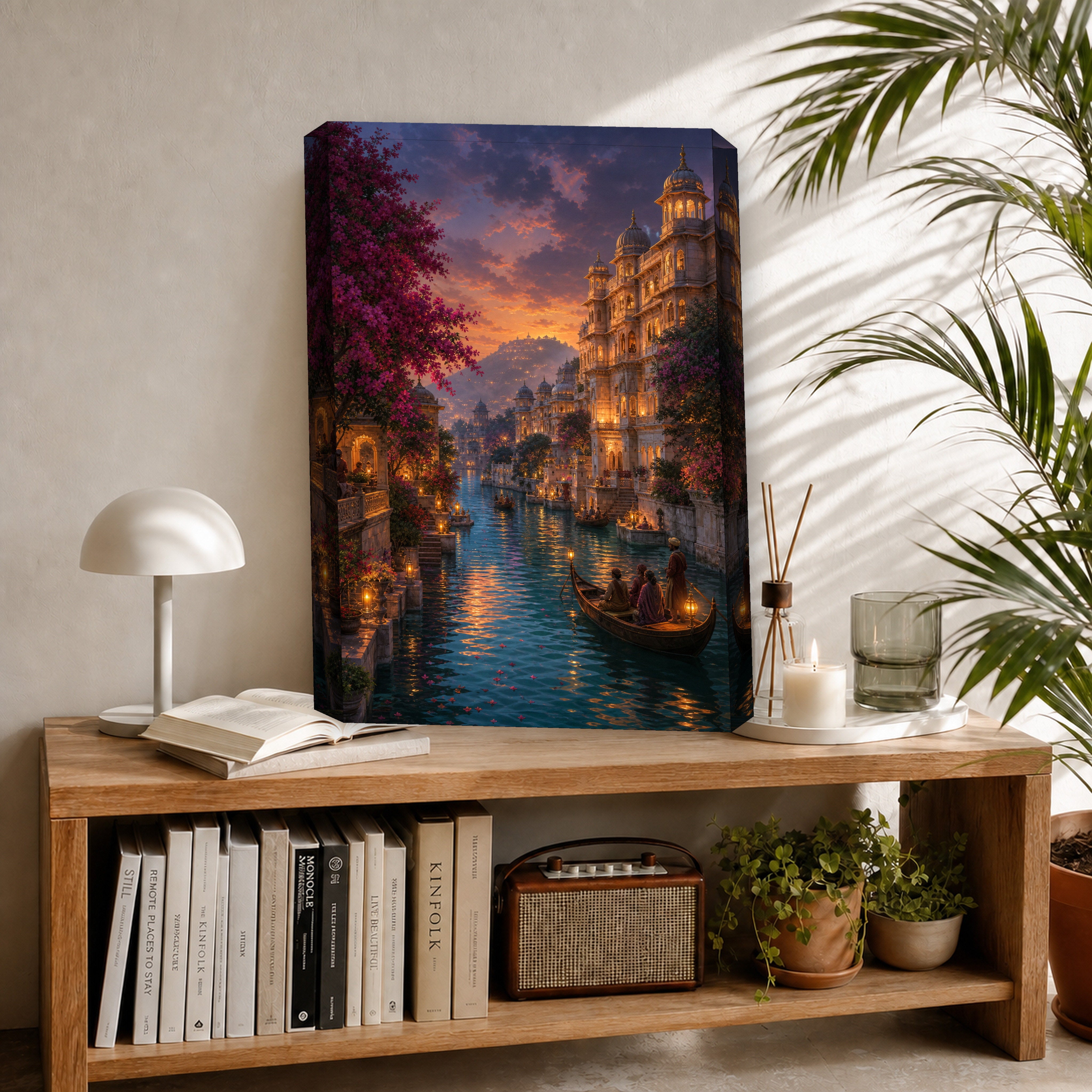 Udaipur Golden Twilight Canal canvas room mockup by Seji Art