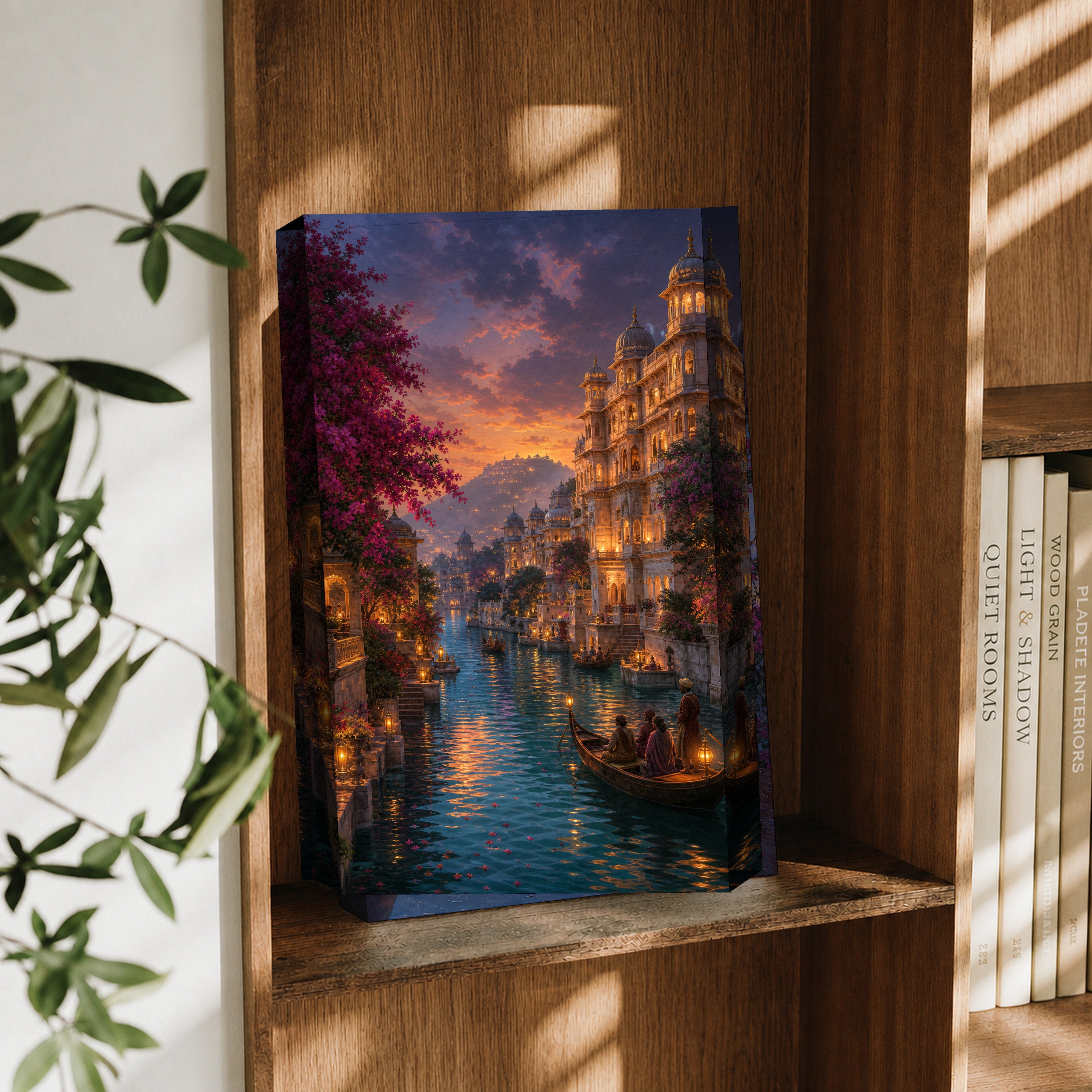 Udaipur Golden Twilight Canal canvas wall art decor mockup by Seji Art