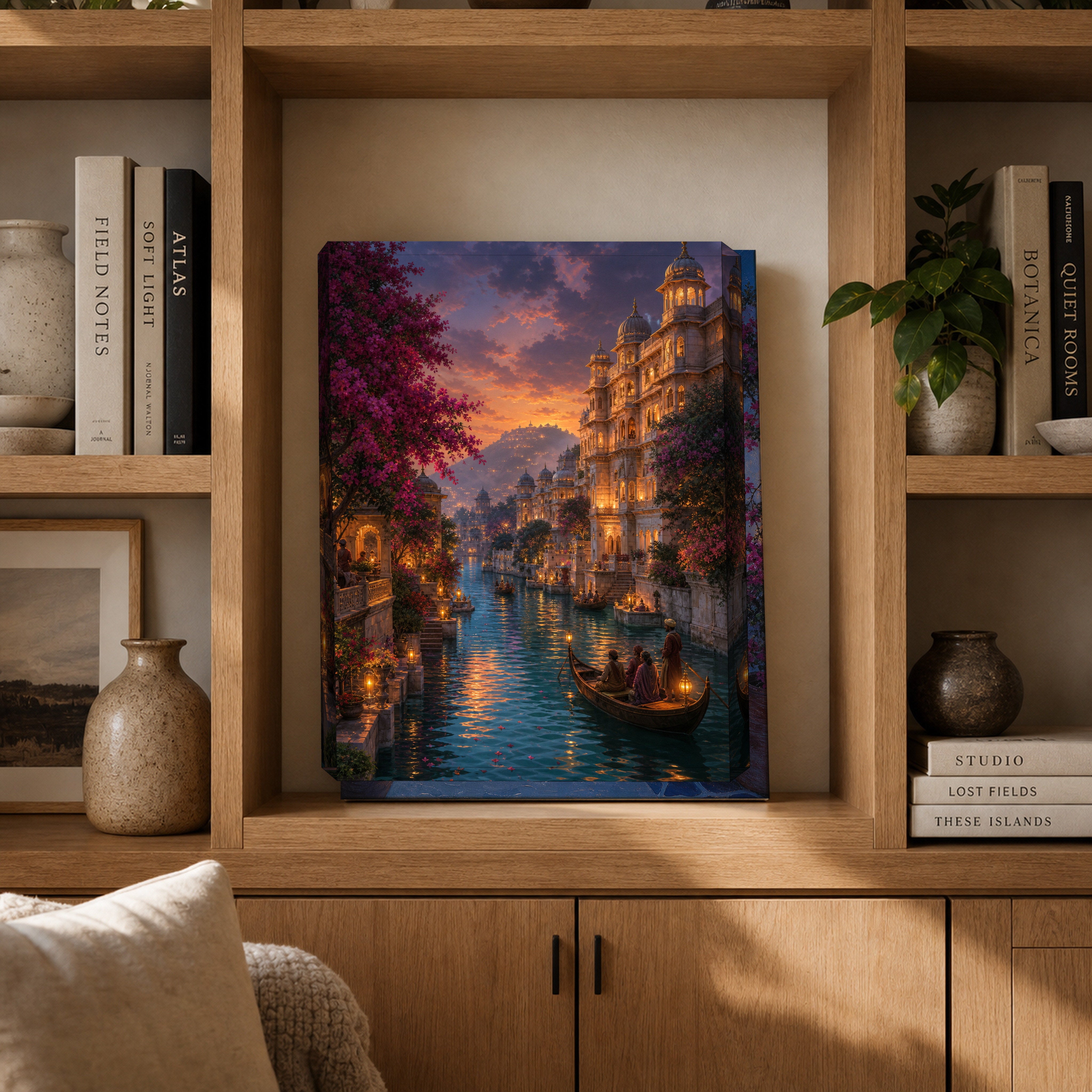 Udaipur Golden Twilight Canal canvas gallery shelf mockup by Seji Art