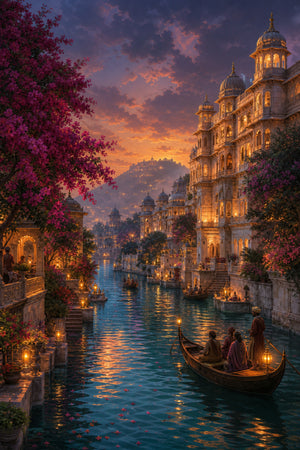 Udaipur Golden Twilight Canal Wall Art Print