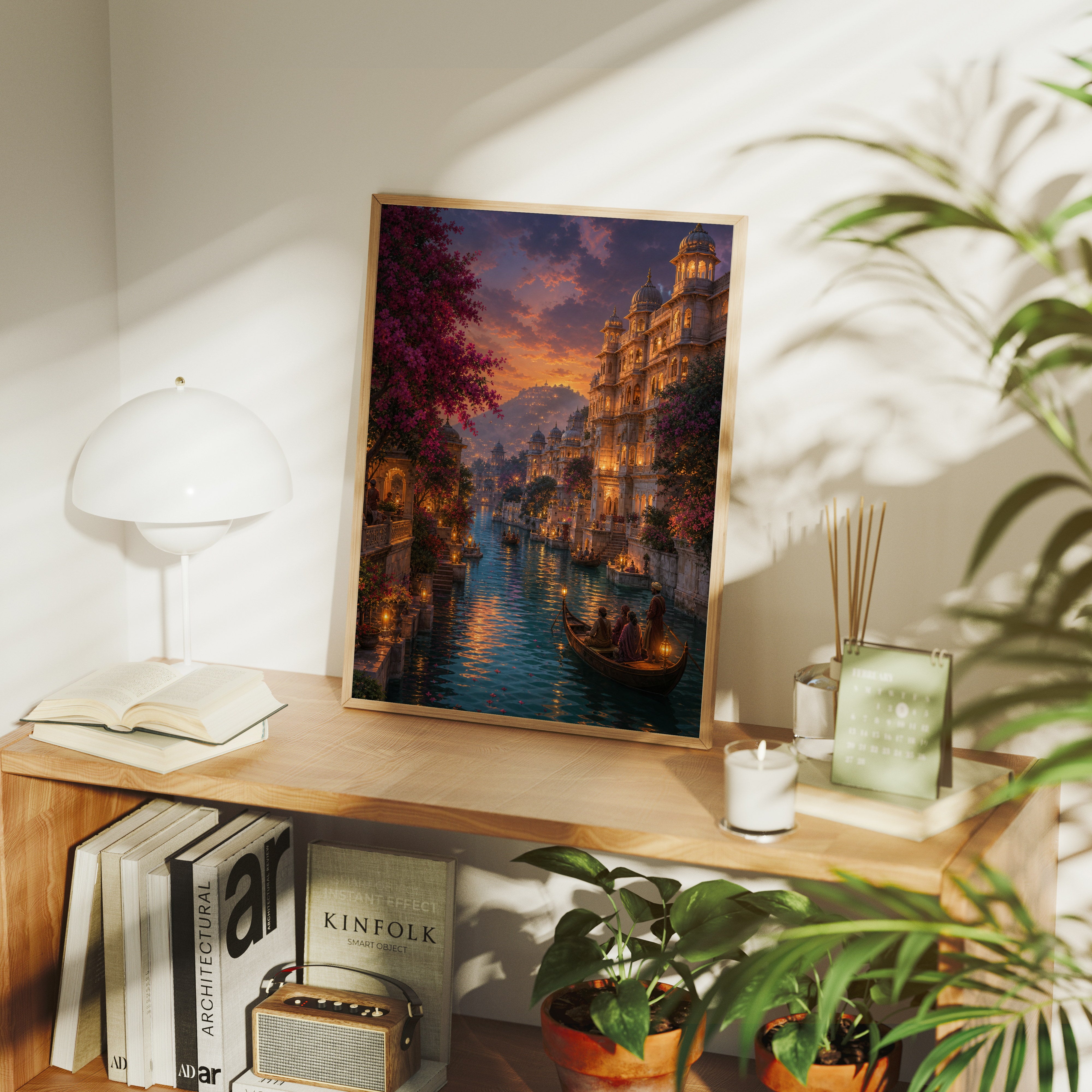 Udaipur Golden Twilight Canal poster gallery shelf mockup by Seji Art