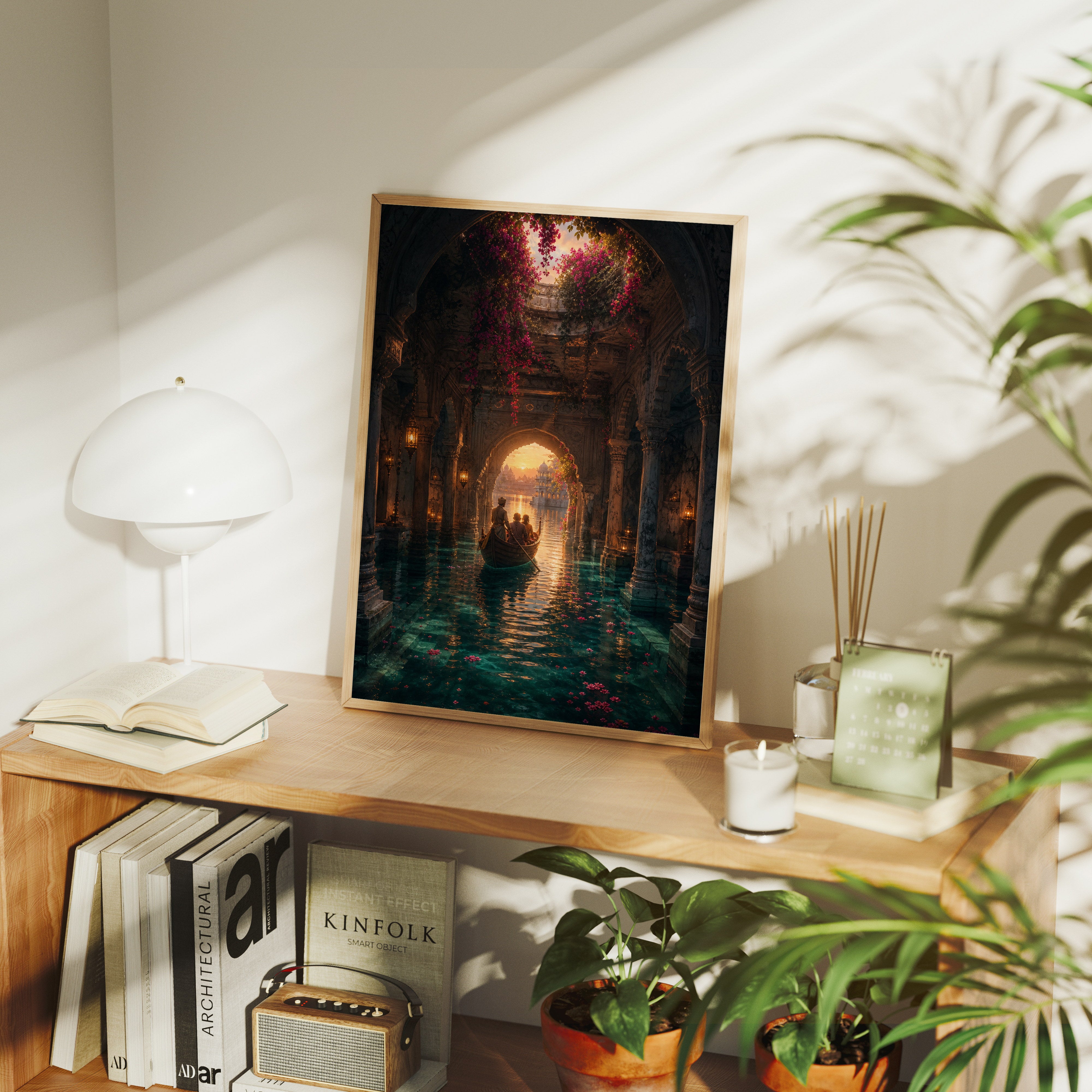Udaipur Hidden Cistern Lagoon poster gallery shelf mockup by Seji Art