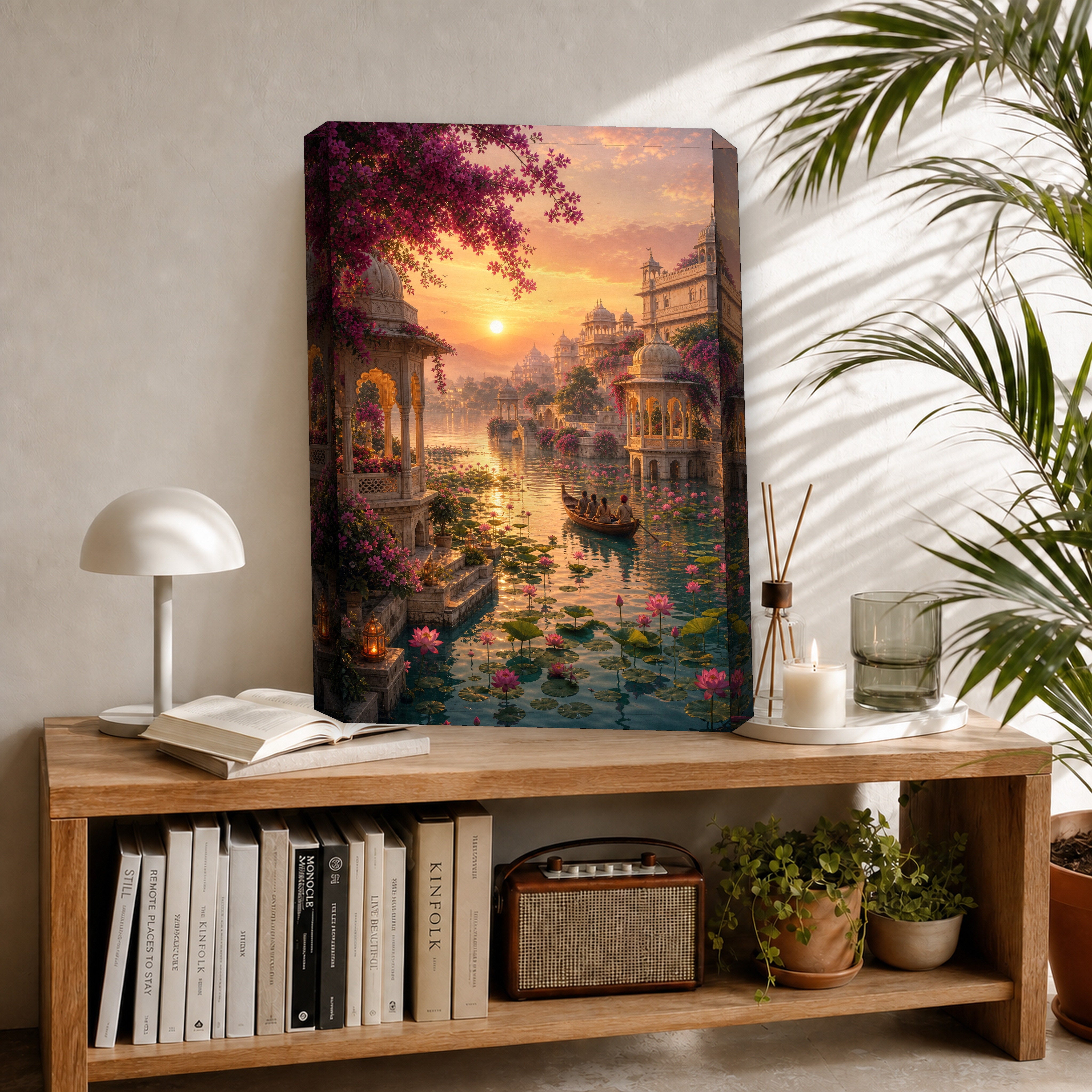 Udaipur Lotus Sunrise Water Garden canvas room mockup by Seji Art
