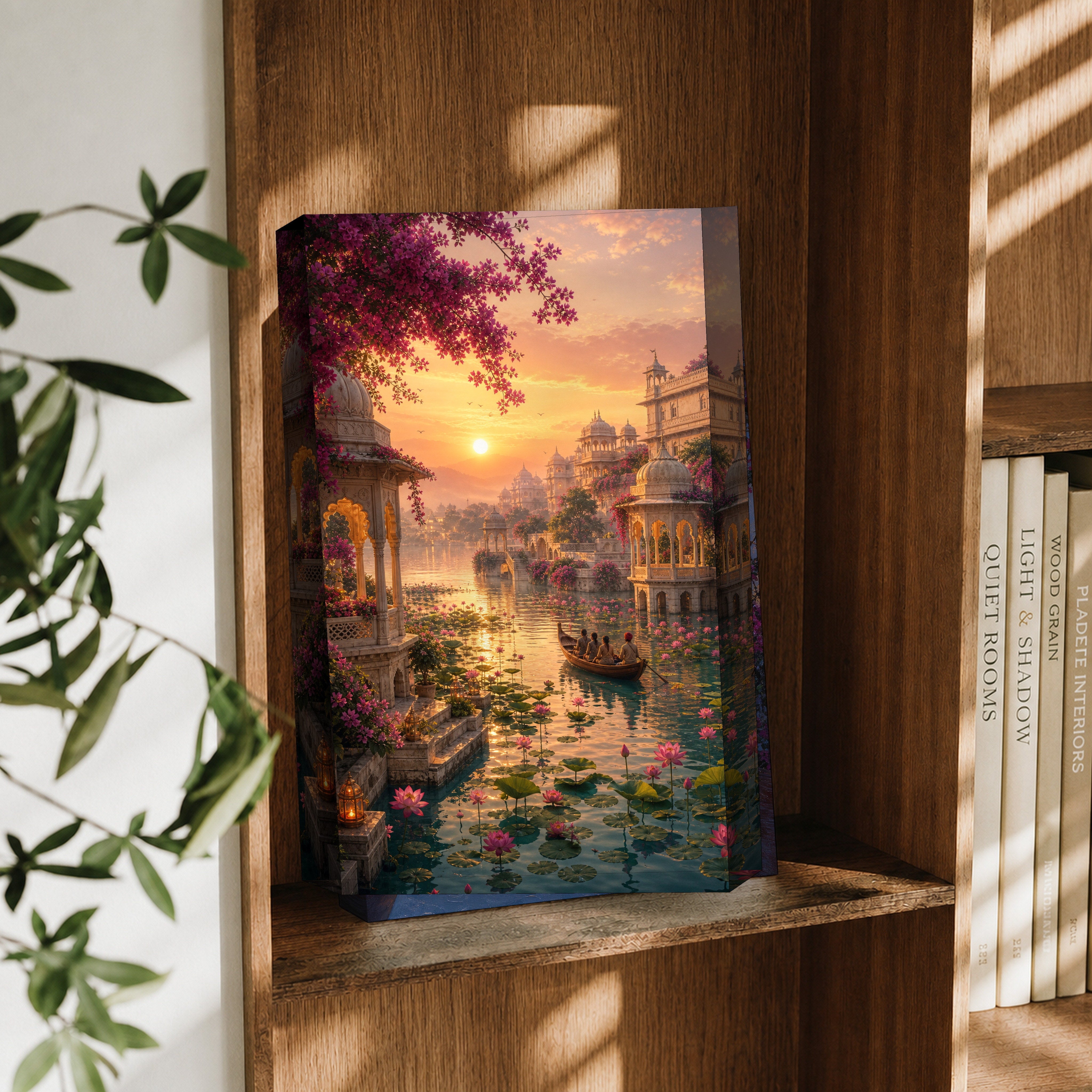 Udaipur Lotus Sunrise Water Garden canvas wall art decor mockup by Seji Art