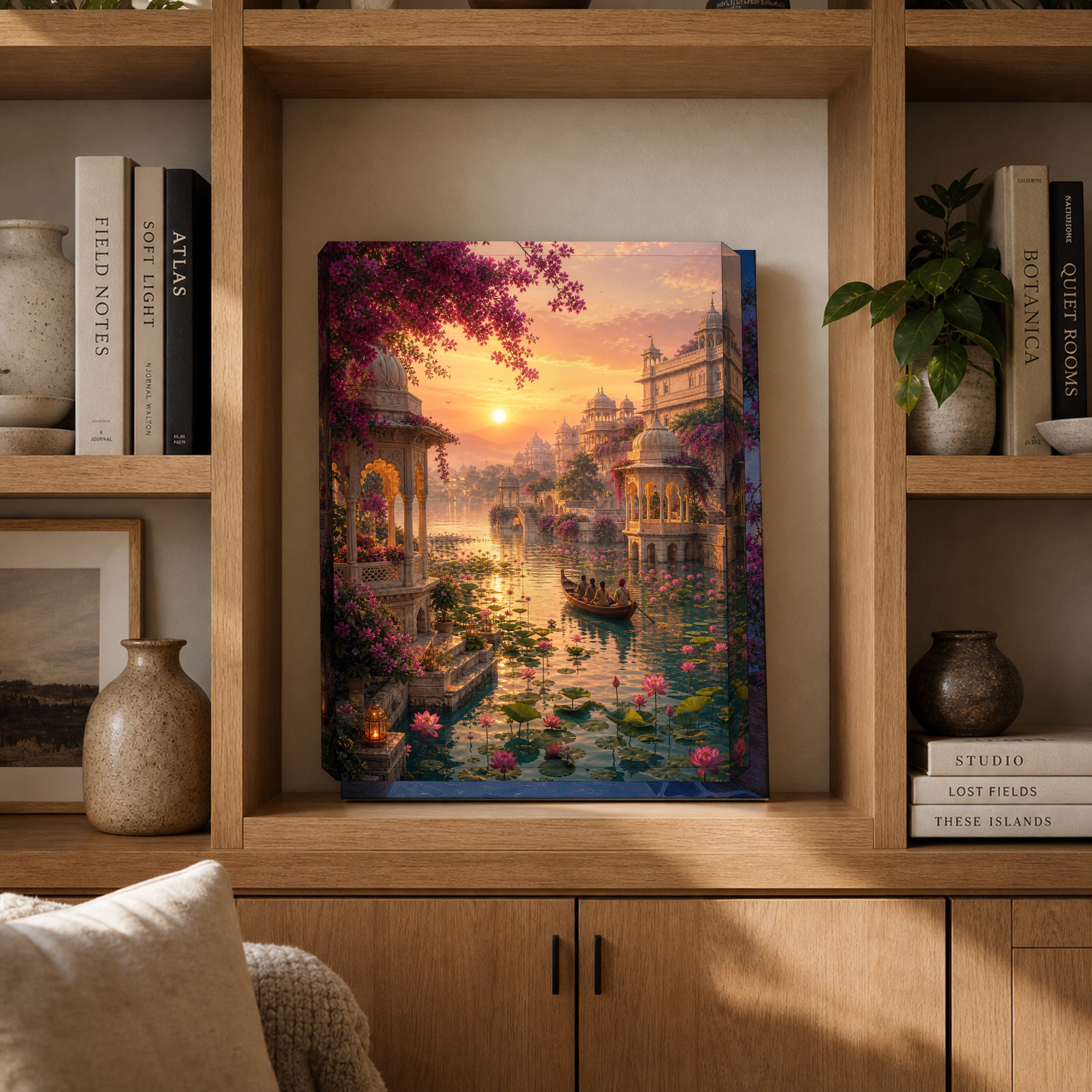 Udaipur Lotus Sunrise Water Garden canvas gallery shelf mockup by Seji Art