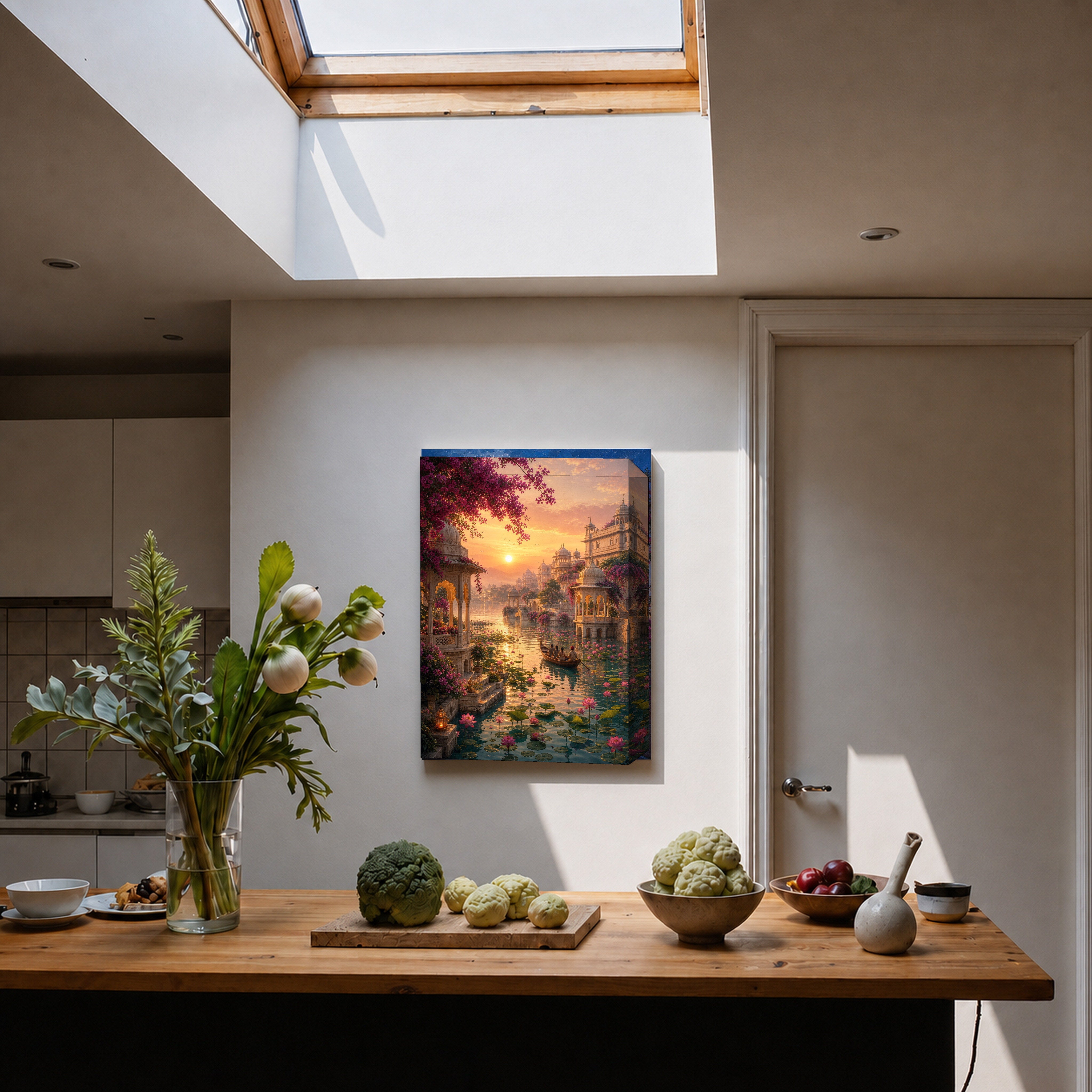 Udaipur Lotus Sunrise Water Garden canvas home decor mockup by Seji Art