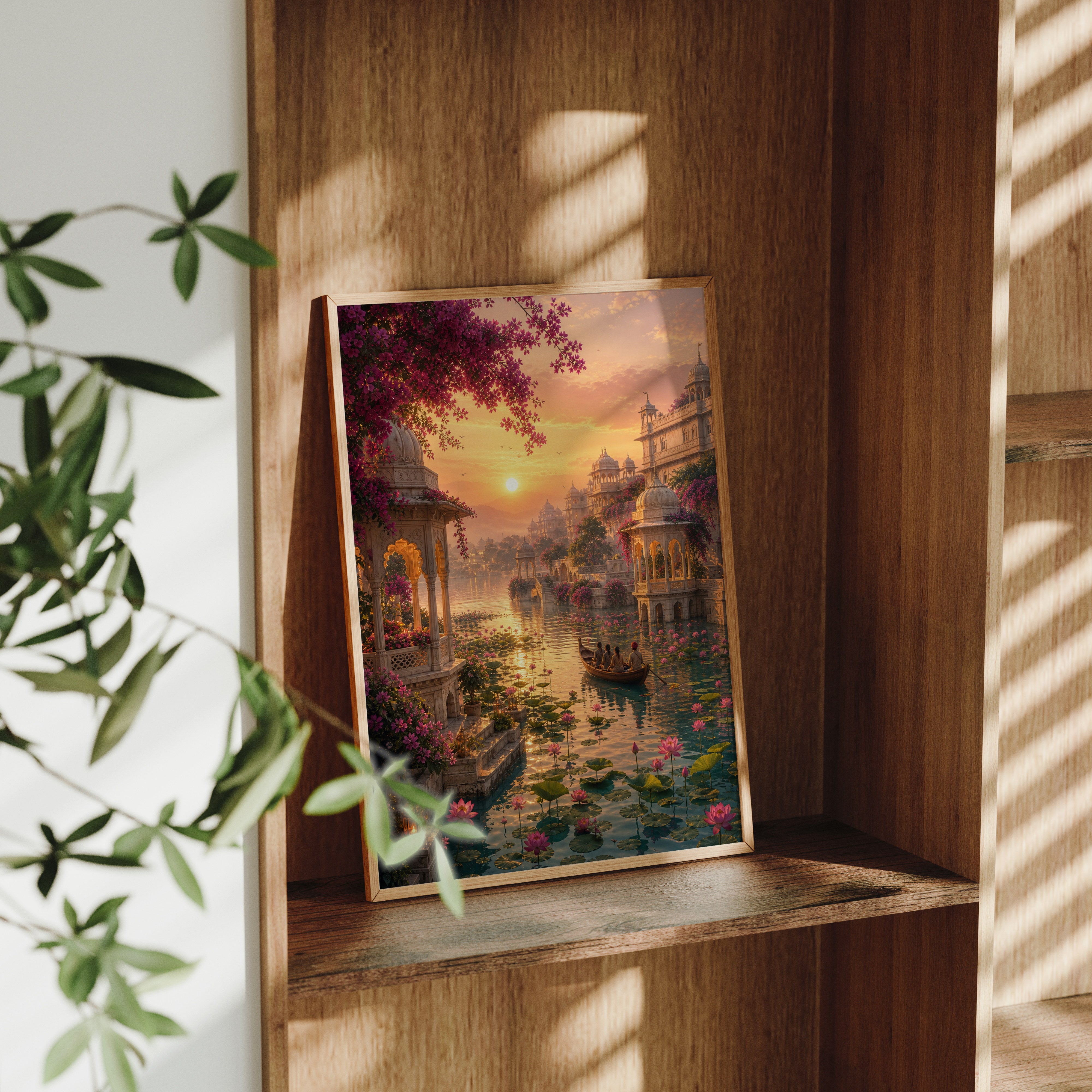 Udaipur Lotus Sunrise Water Garden poster framed room mockup by Seji Art