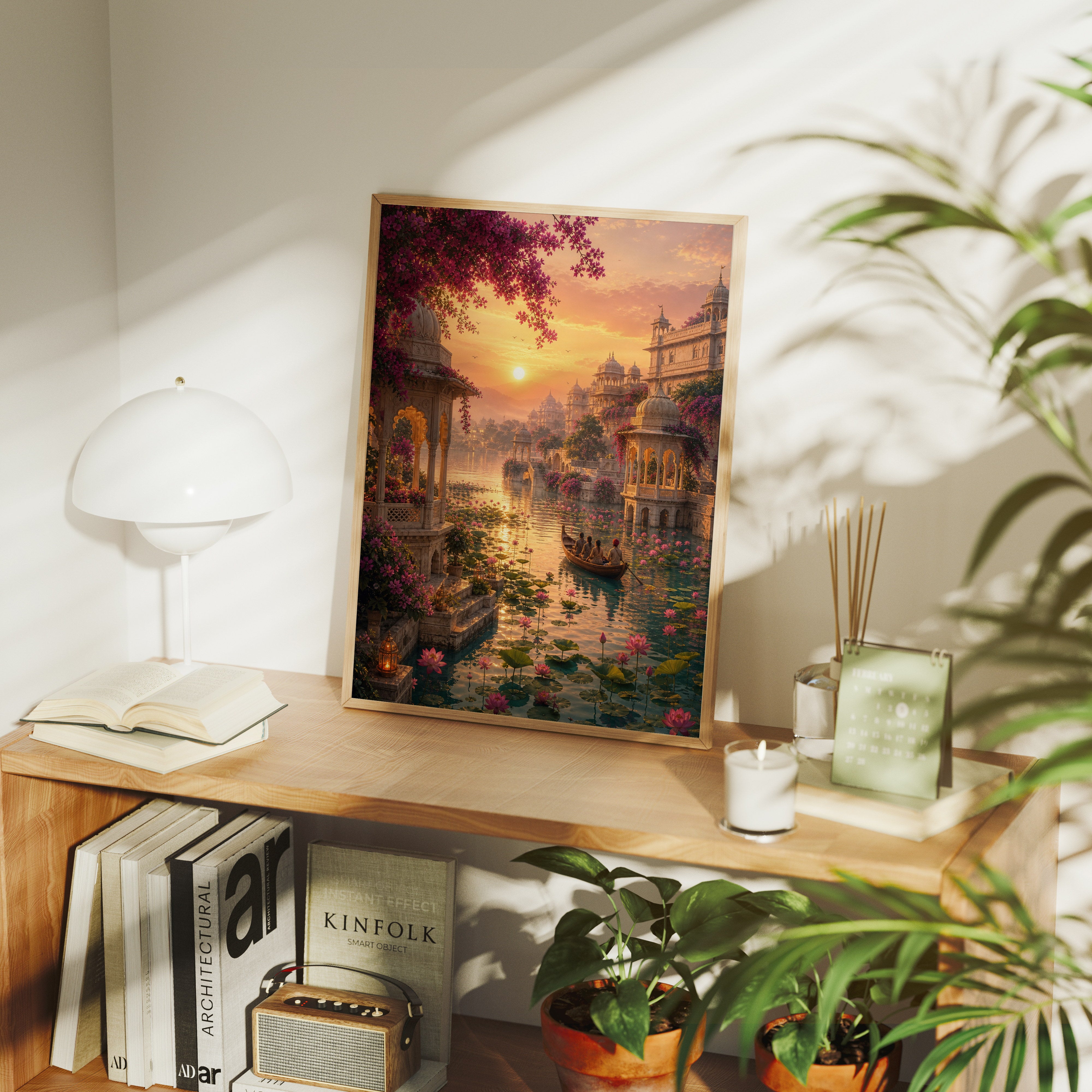 Udaipur Lotus Sunrise Water Garden poster gallery shelf mockup by Seji Art