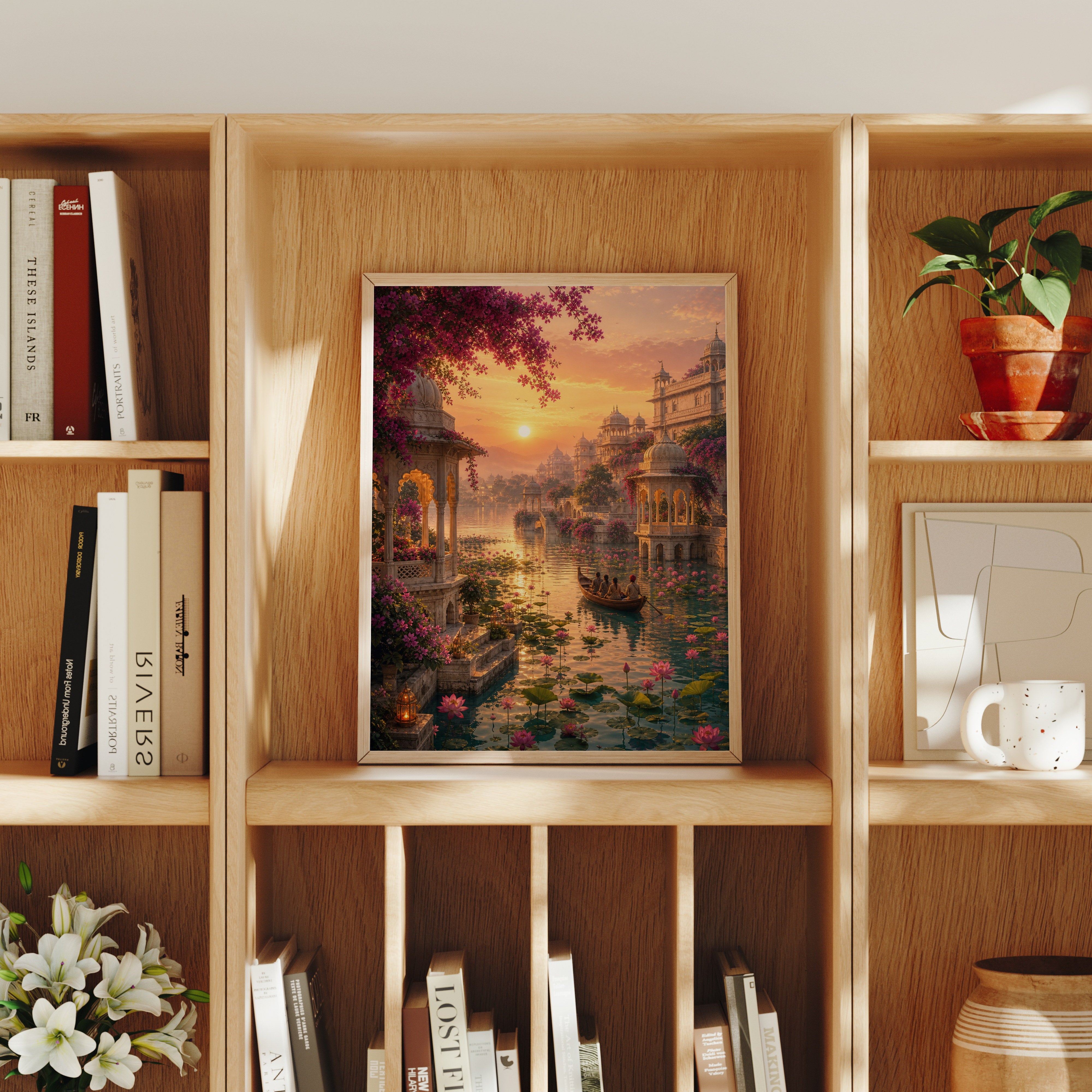 Udaipur Lotus Sunrise Water Garden poster home decor mockup by Seji Art