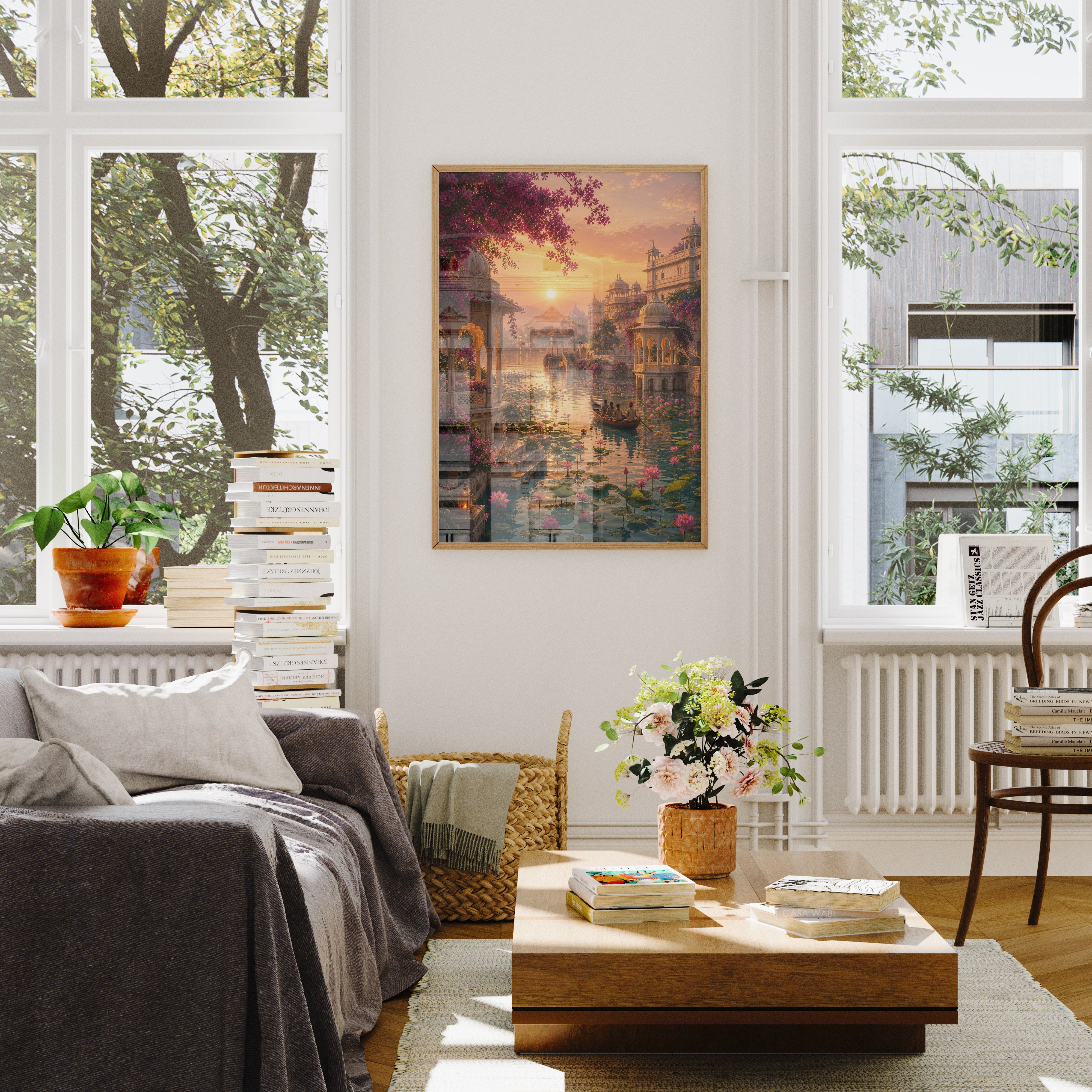 Udaipur Lotus Sunrise Water Garden poster wall art mockup by Seji Art