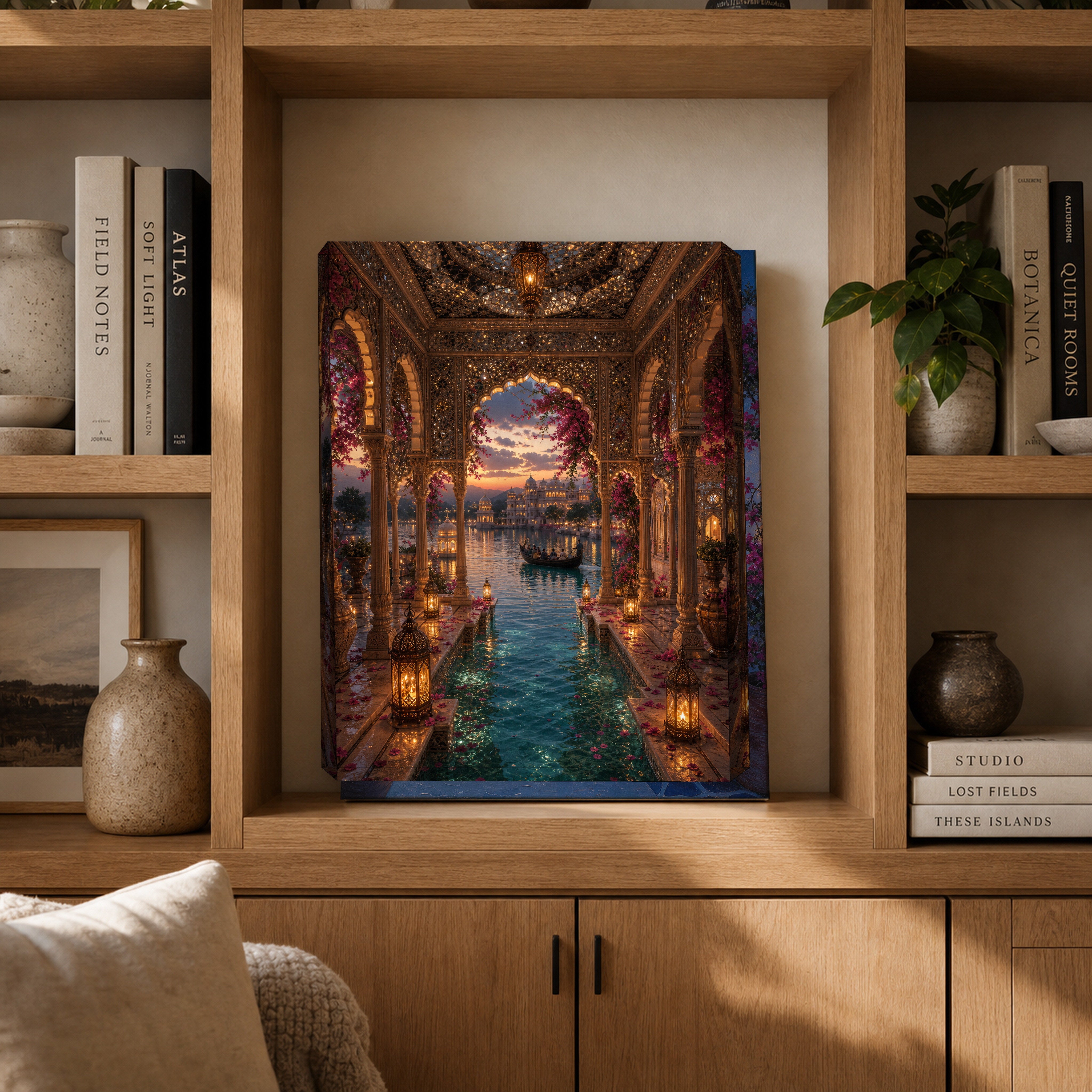 Udaipur Mirror Hall Lagoon canvas gallery shelf mockup by Seji Art