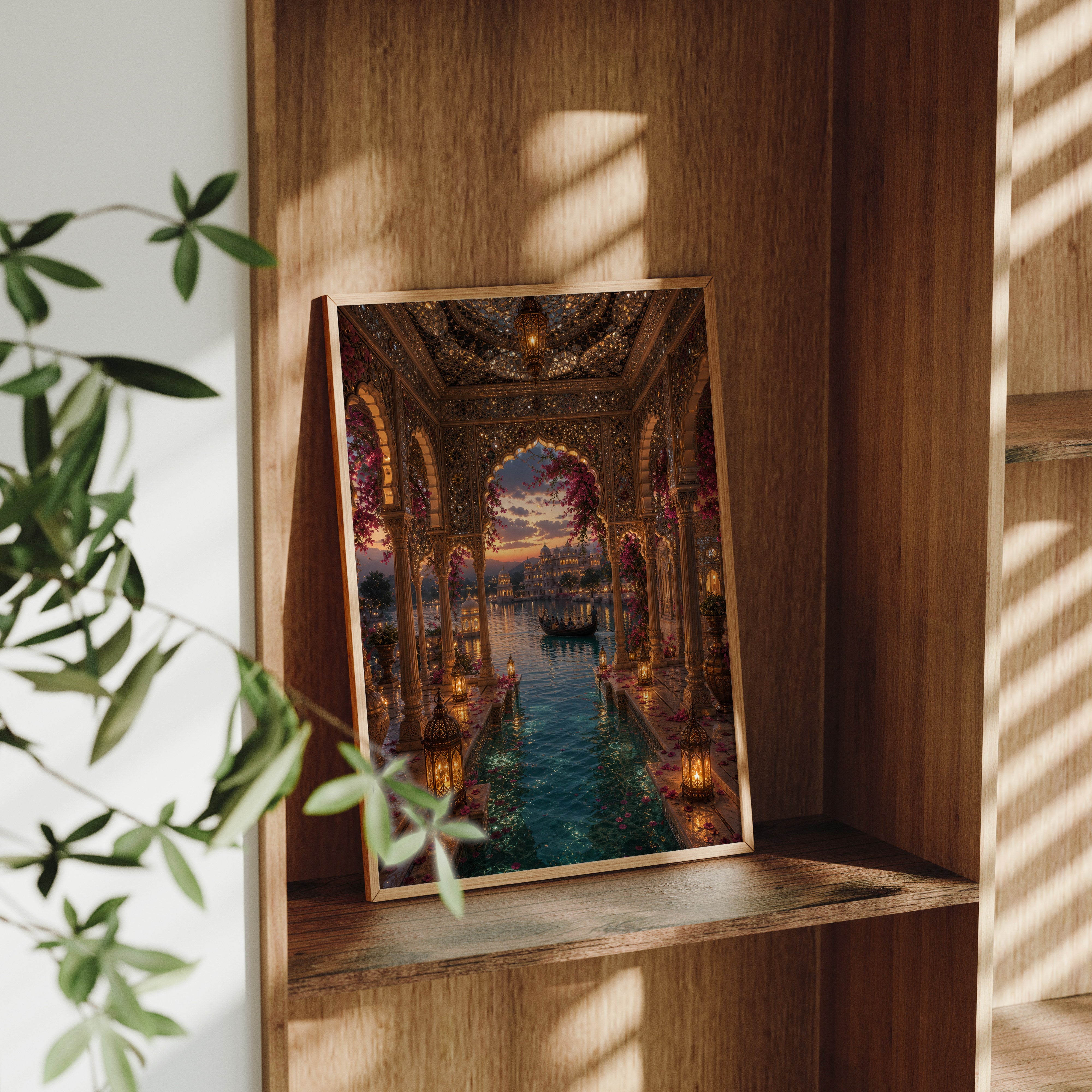 Udaipur Mirror Hall Lagoon poster framed room mockup by Seji Art