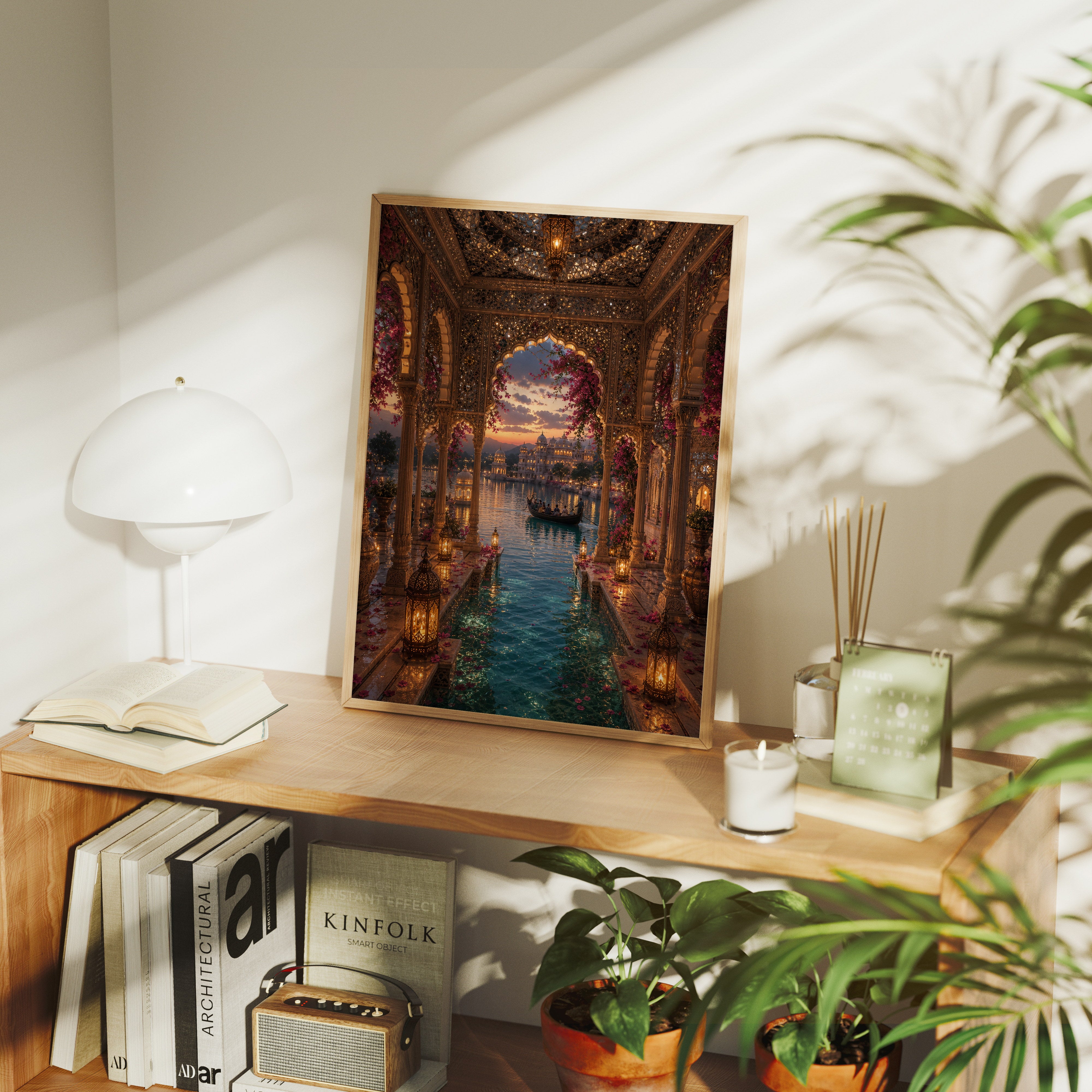 Udaipur Mirror Hall Lagoon poster gallery shelf mockup by Seji Art