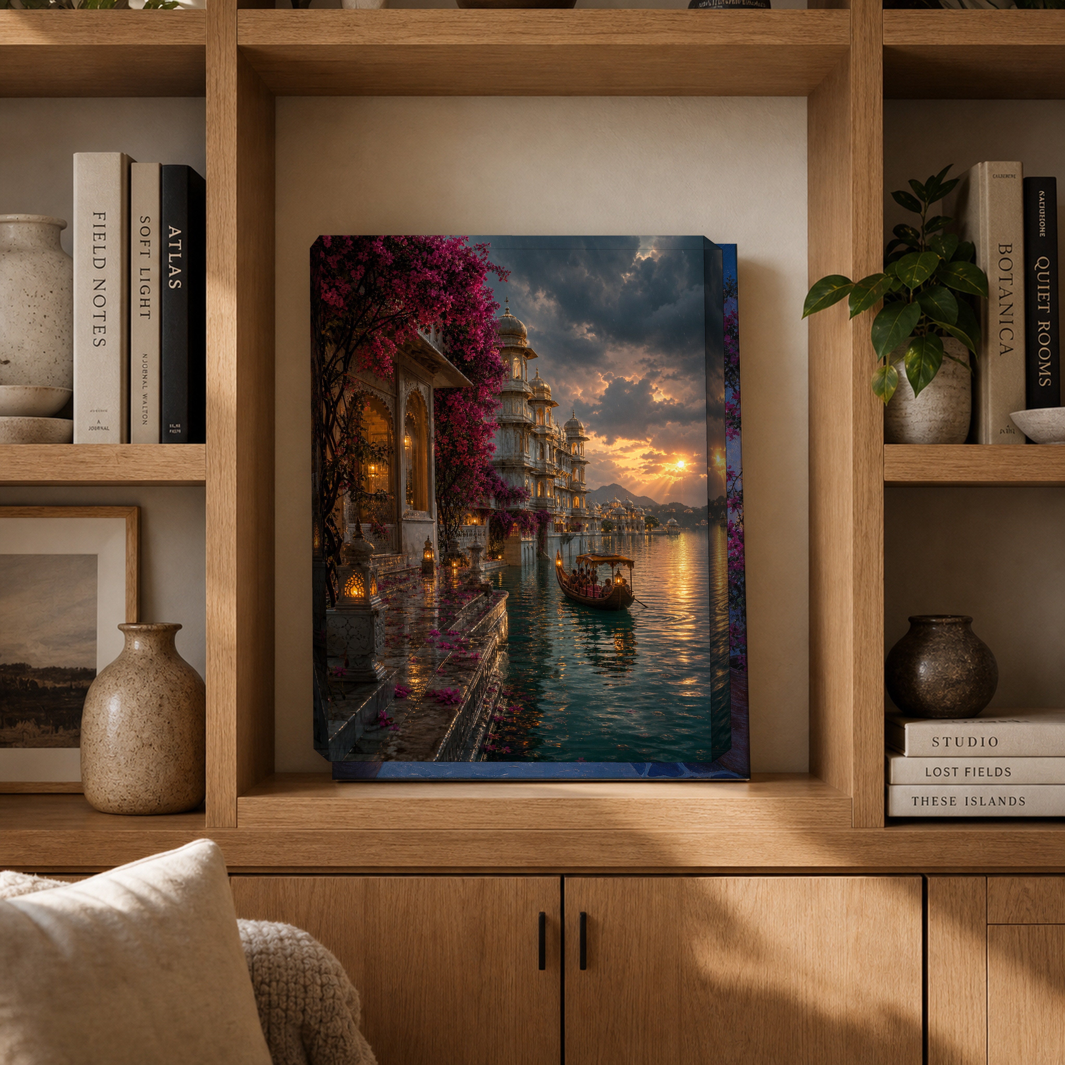 Udaipur Monsoon Evening Palace canvas gallery shelf mockup by Seji Art