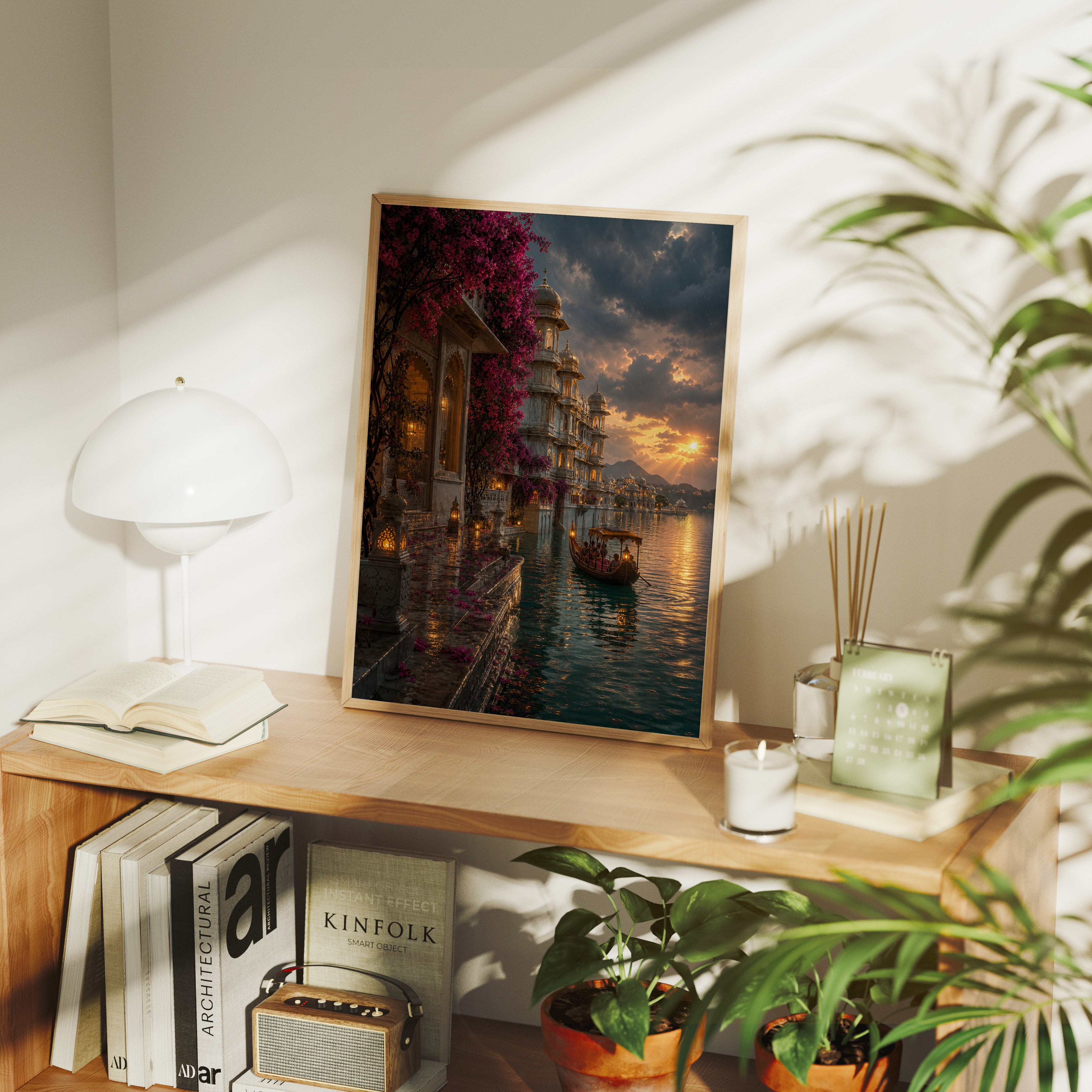 Udaipur Monsoon Evening Palace poster gallery shelf mockup by Seji Art