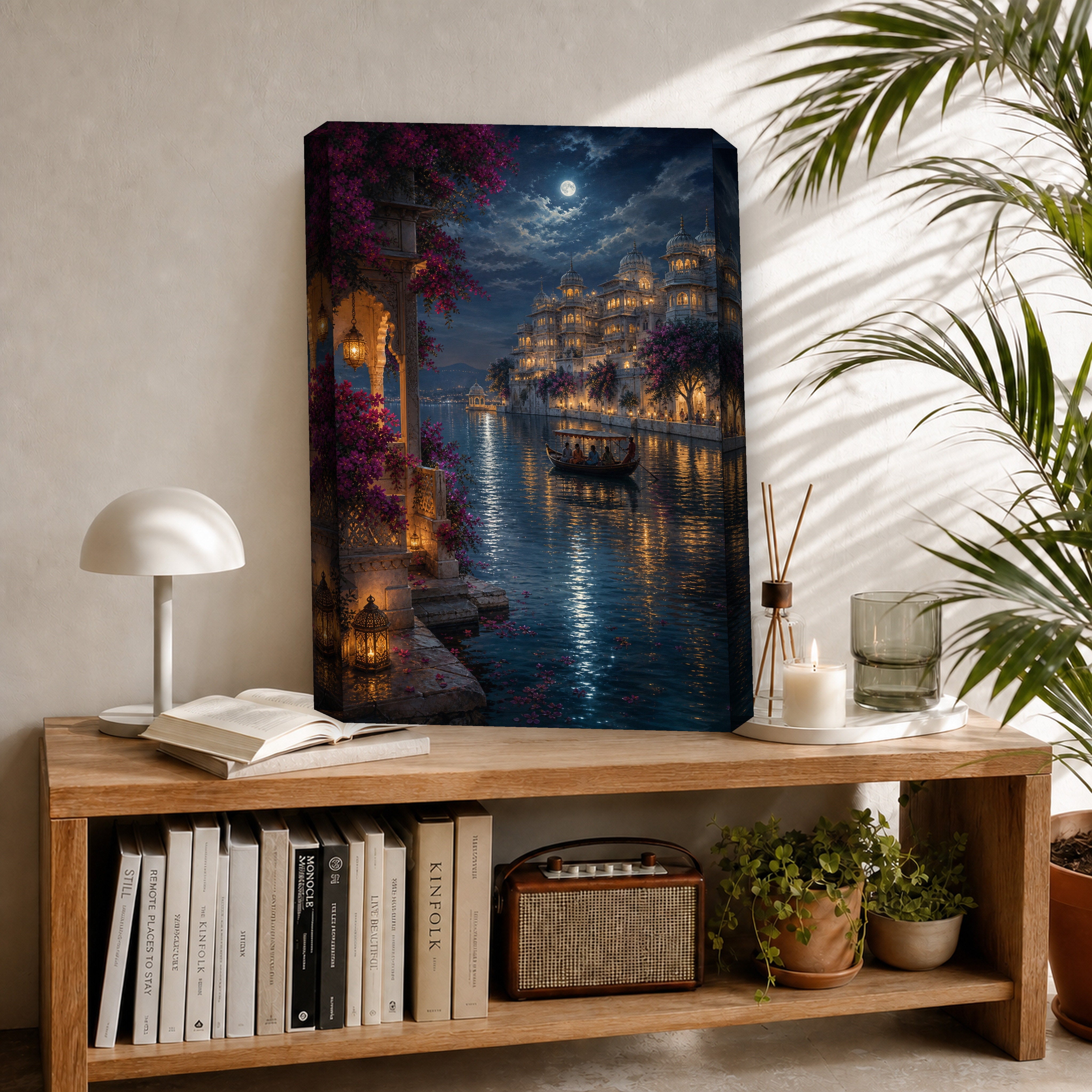Udaipur Moonlit Lake Palace canvas room mockup by Seji Art