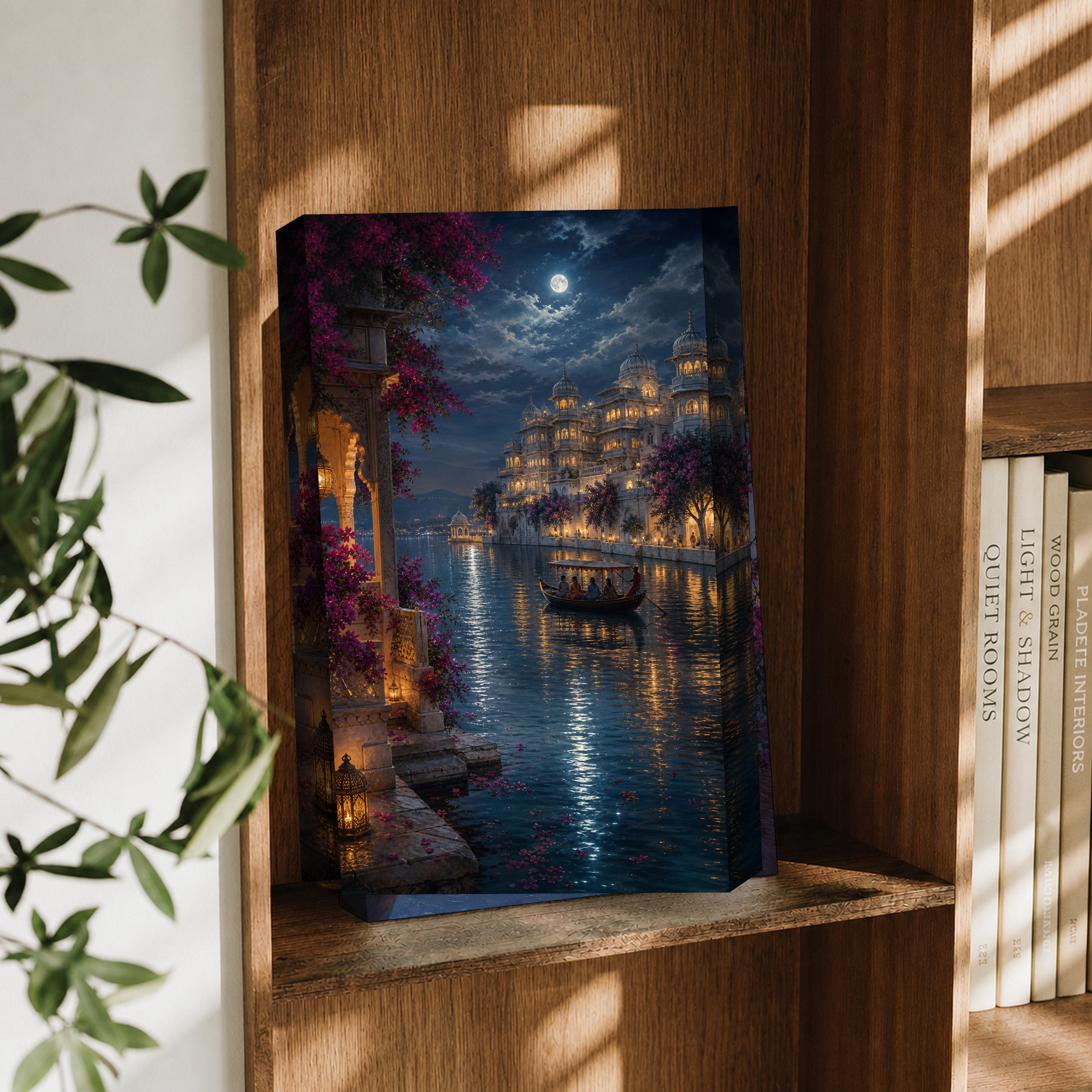 Udaipur Moonlit Lake Palace canvas wall art decor mockup by Seji Art