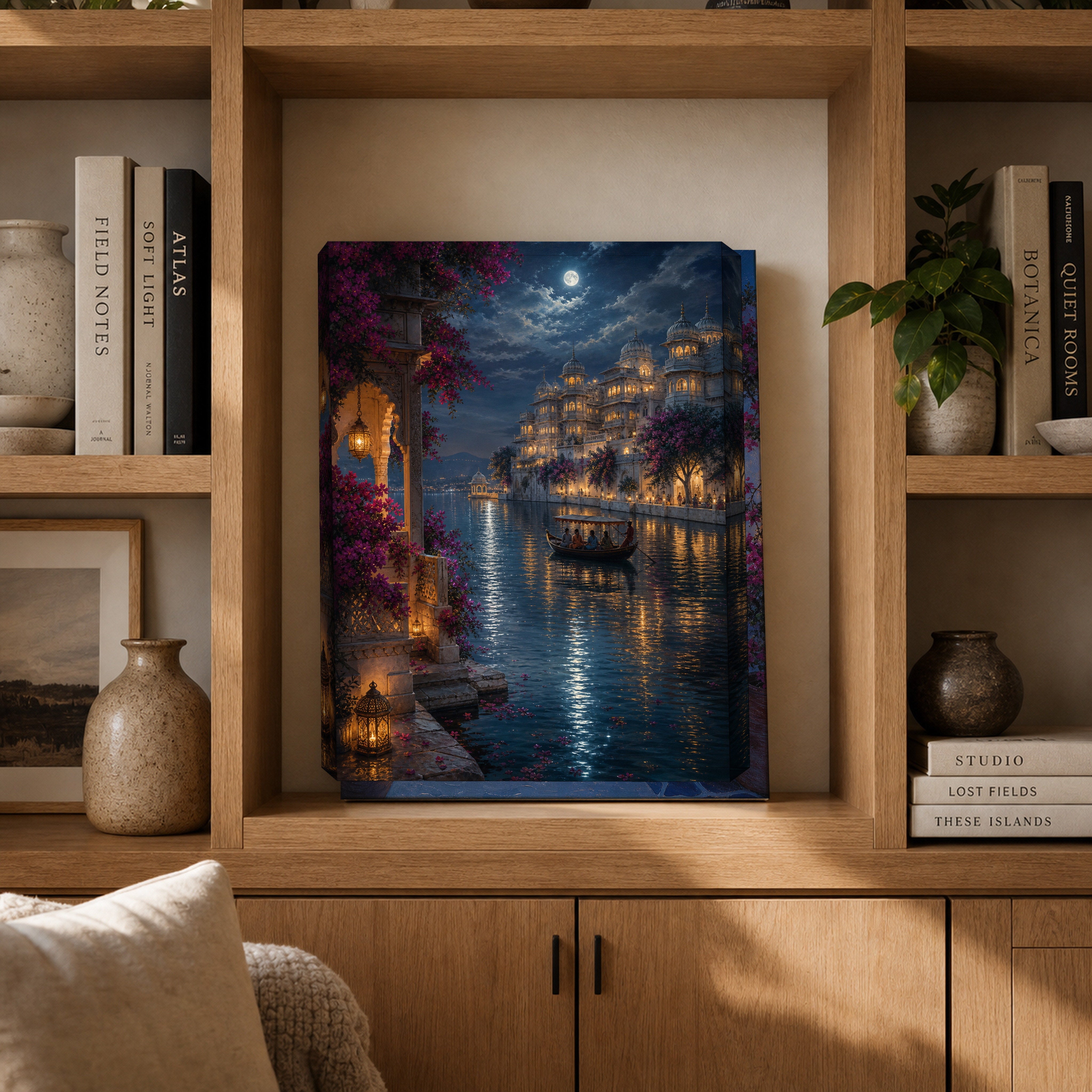 Udaipur Moonlit Lake Palace canvas gallery shelf mockup by Seji Art