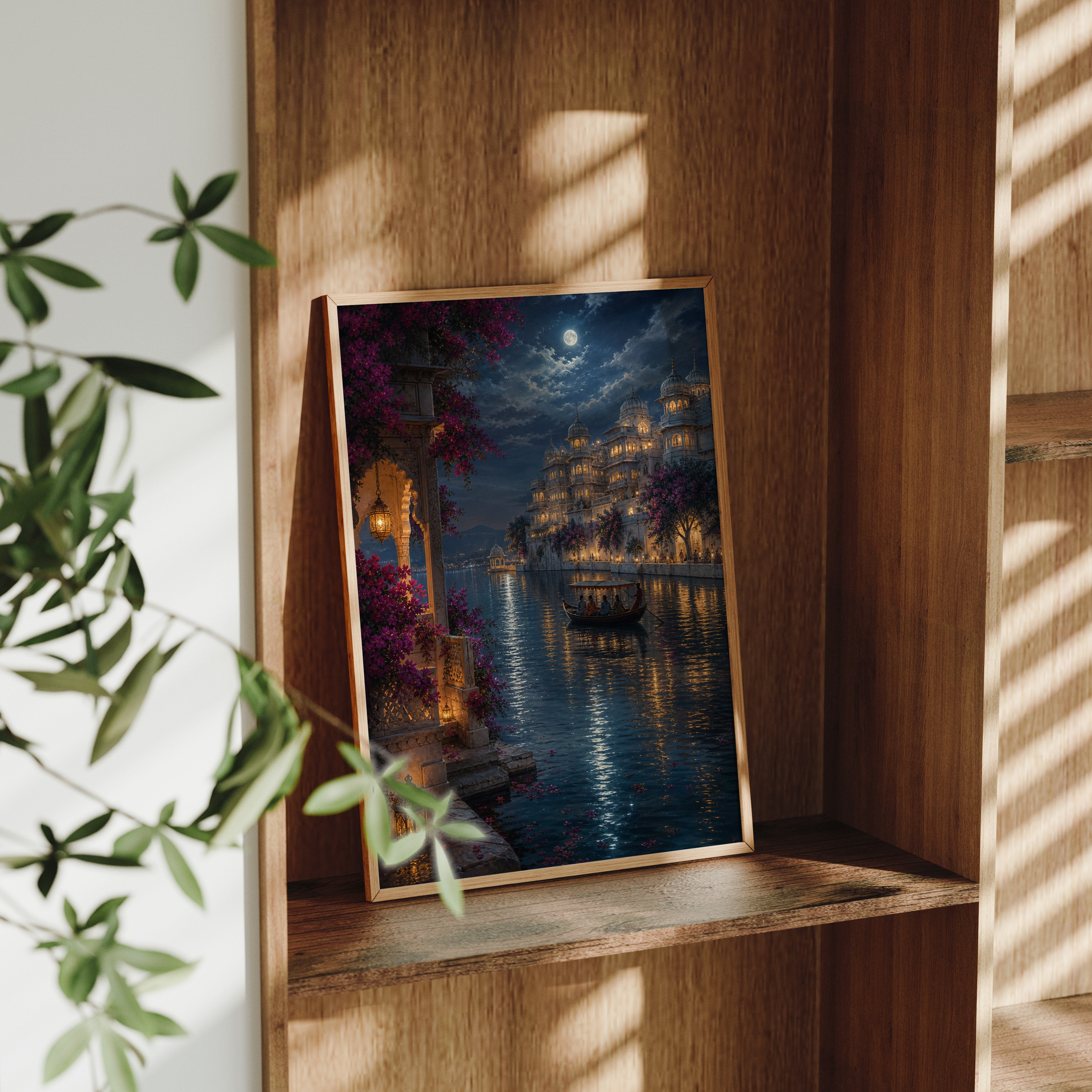 Udaipur Moonlit Lake Palace poster framed room mockup by Seji Art