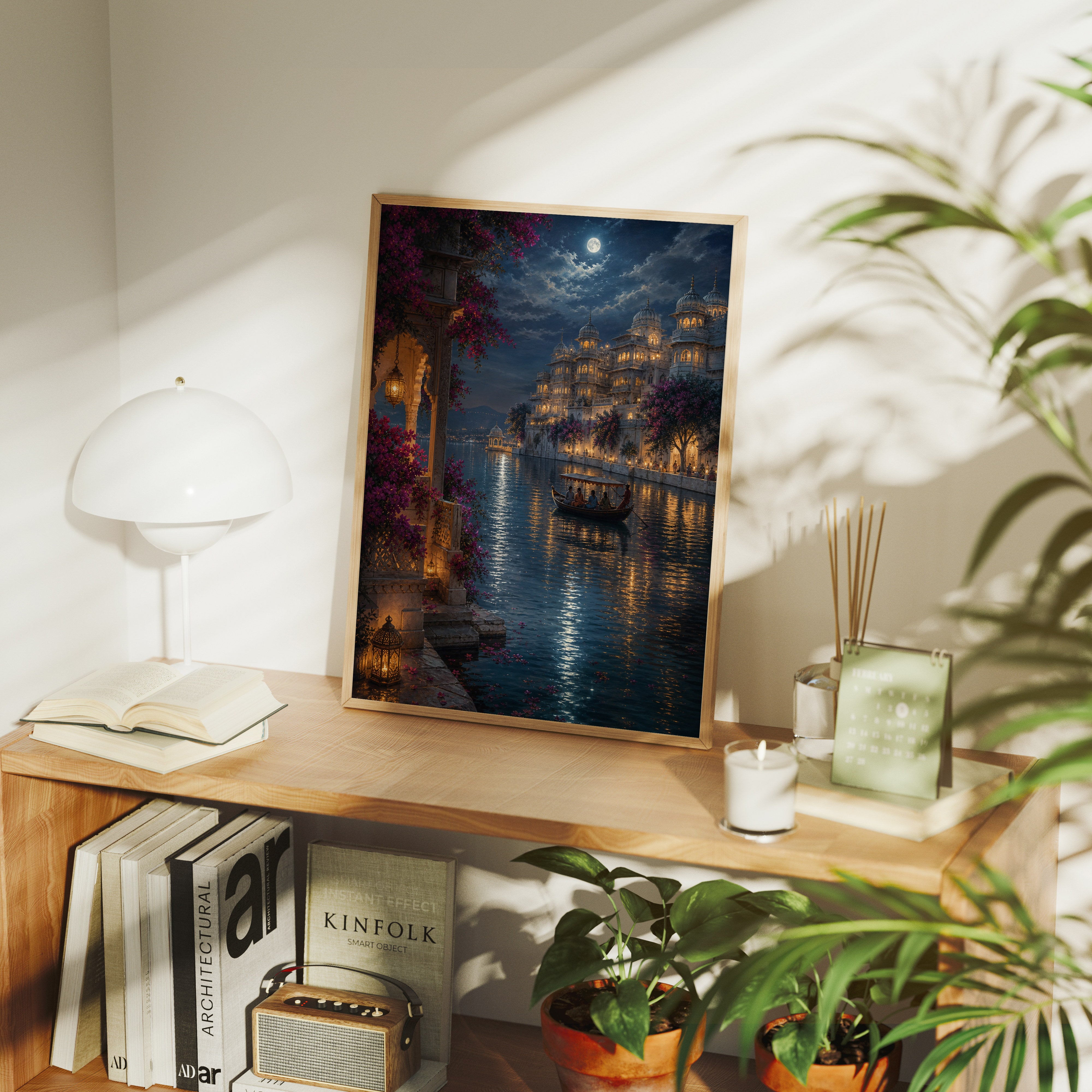 Udaipur Moonlit Lake Palace poster gallery shelf mockup by Seji Art