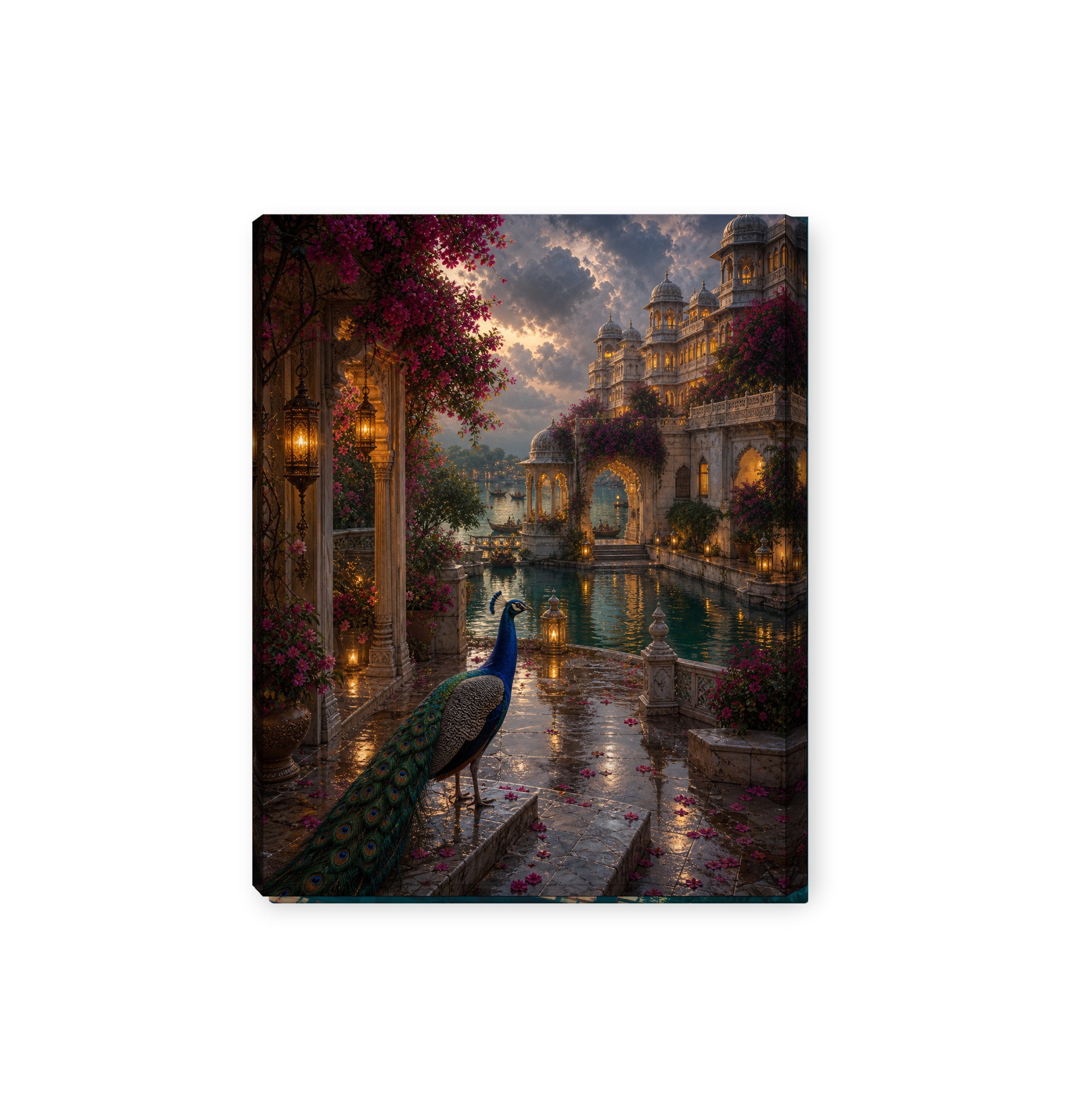 Udaipur Peacock Monsoon Courtyard canvas wall art preview by Seji Art
