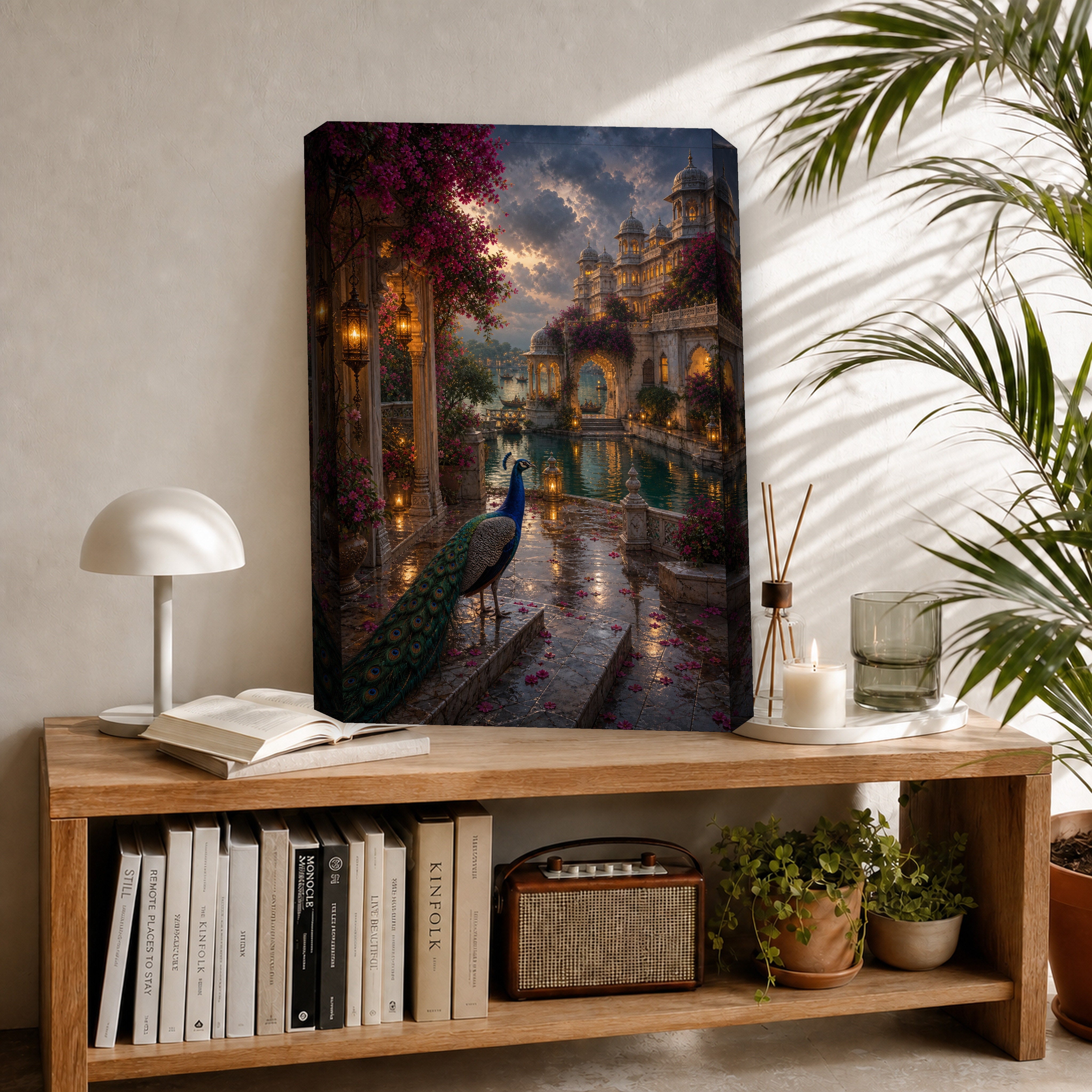 Udaipur Peacock Monsoon Courtyard canvas room mockup by Seji Art