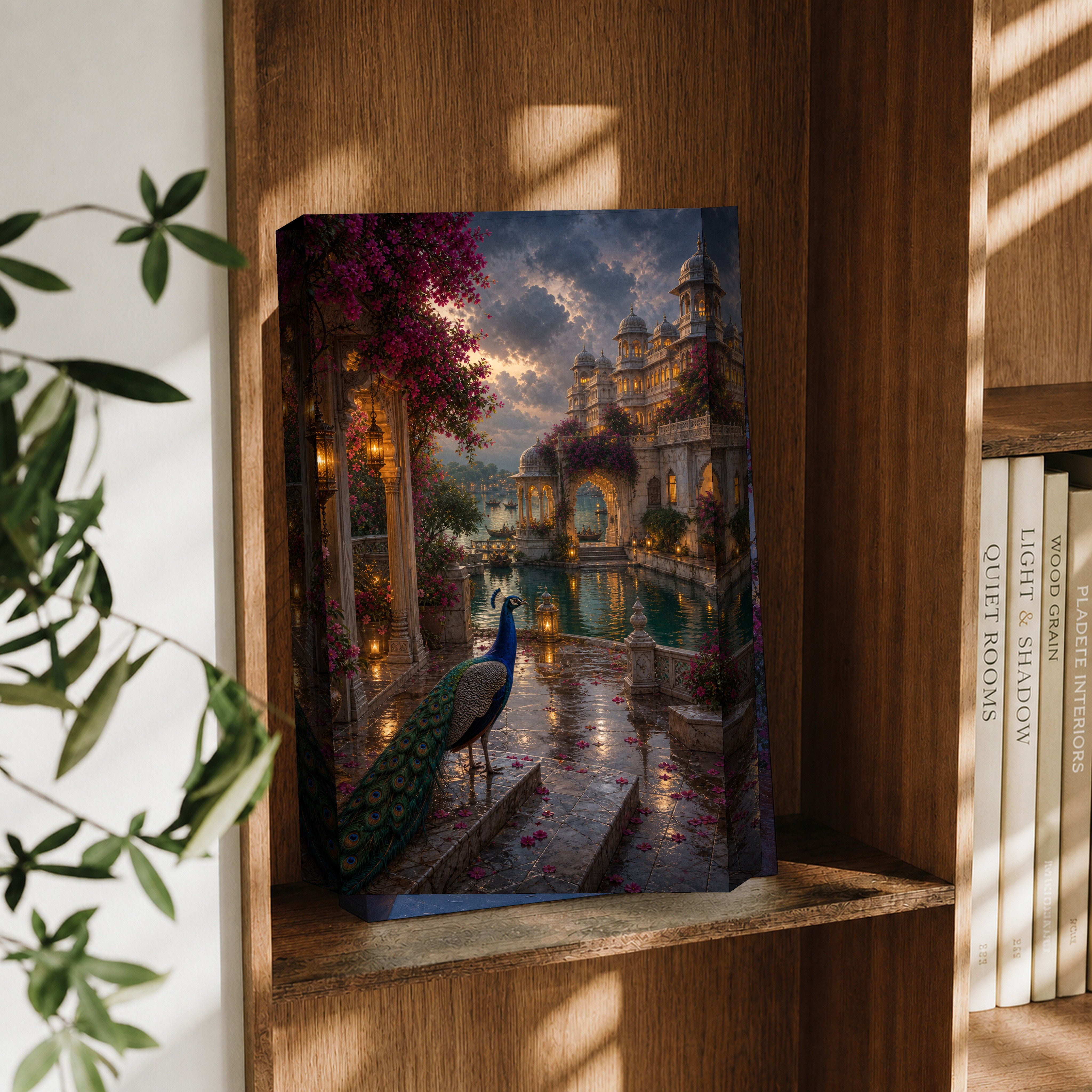 Udaipur Peacock Monsoon Courtyard canvas wall art decor mockup by Seji Art