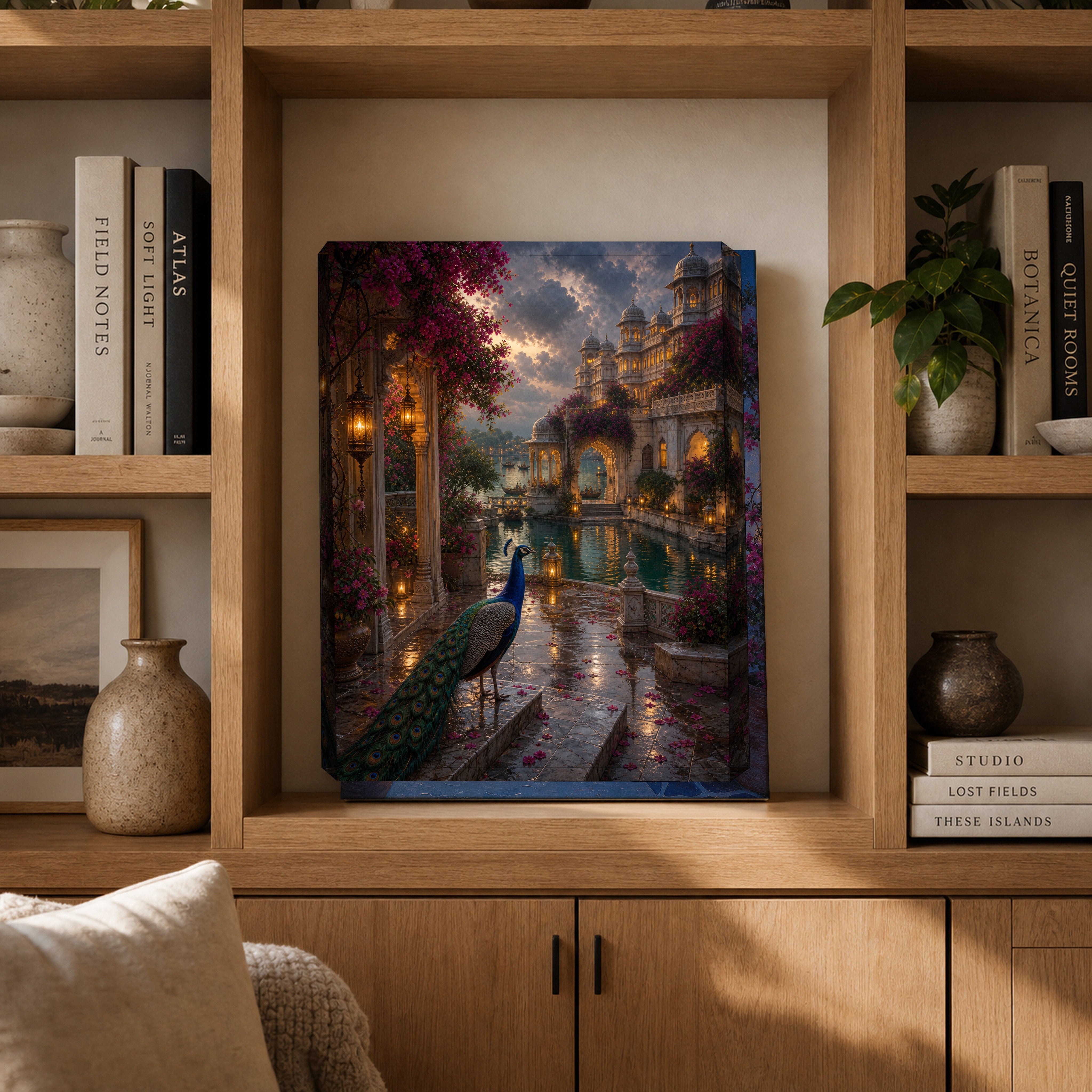 Udaipur Peacock Monsoon Courtyard canvas gallery shelf mockup by Seji Art