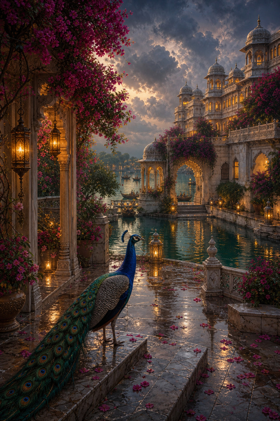 Udaipur Peacock Monsoon Courtyard poster print preview by Seji Art