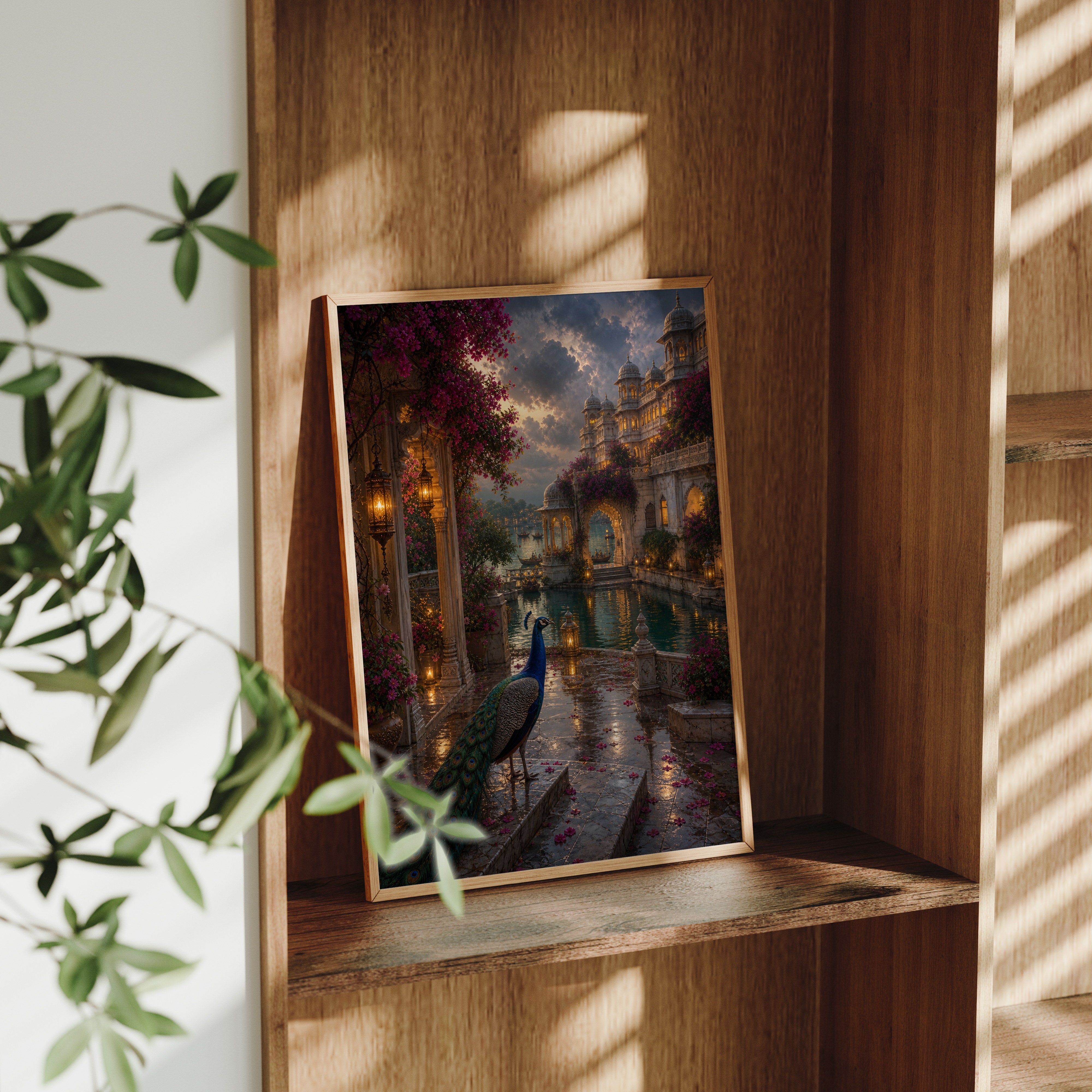 Udaipur Peacock Monsoon Courtyard poster framed room mockup by Seji Art