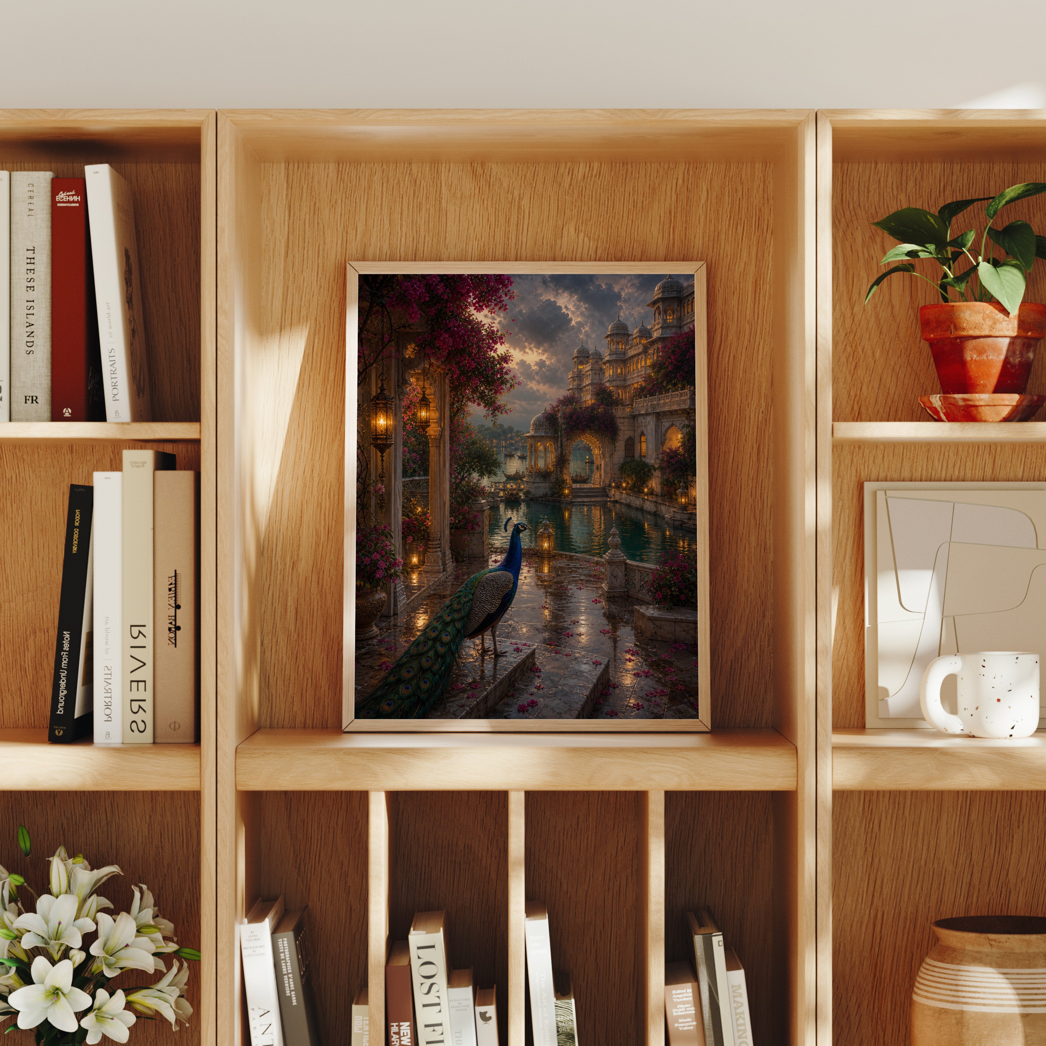 Udaipur Peacock Monsoon Courtyard poster home decor mockup by Seji Art