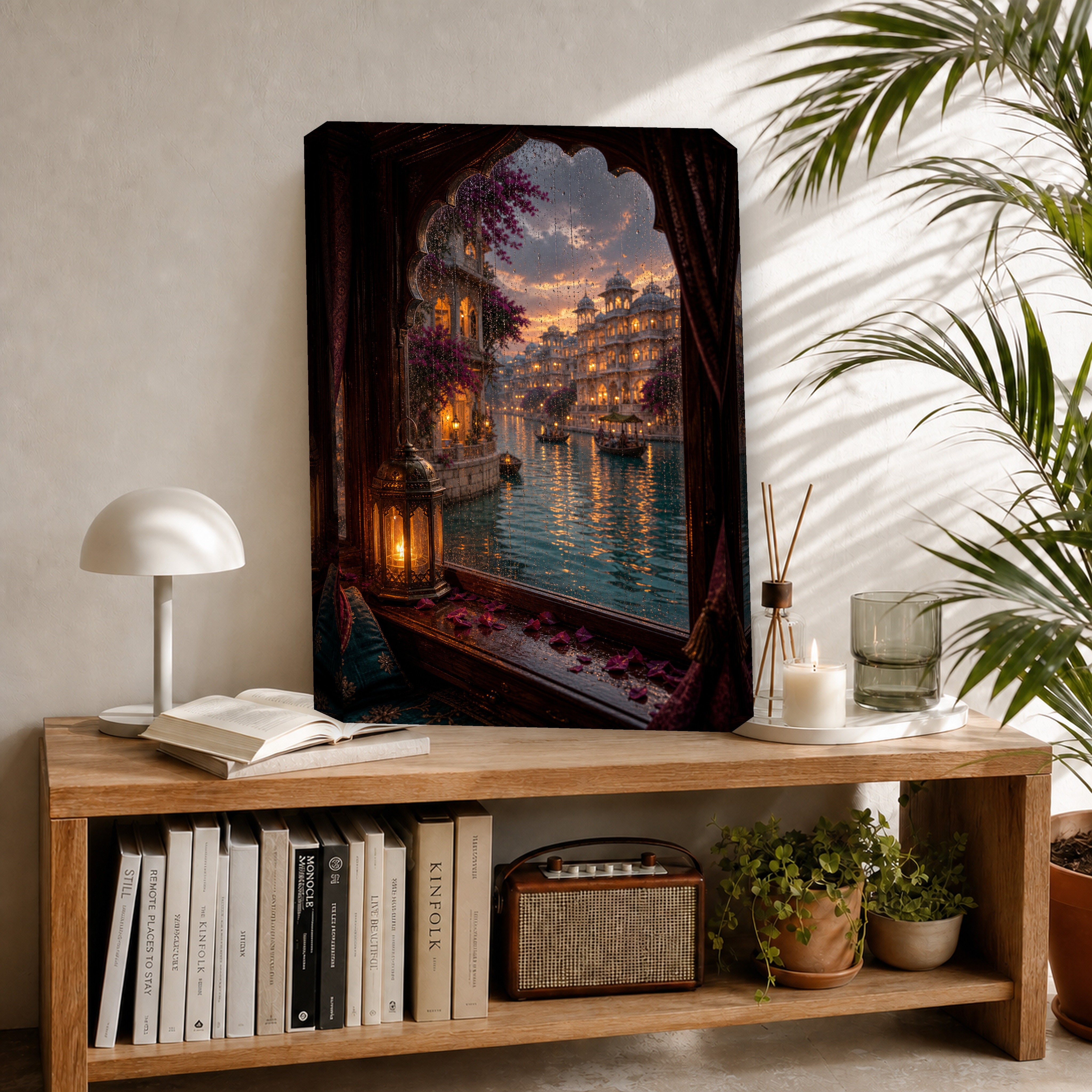 Udaipur Rain Streaked Boat Window canvas room mockup by Seji Art