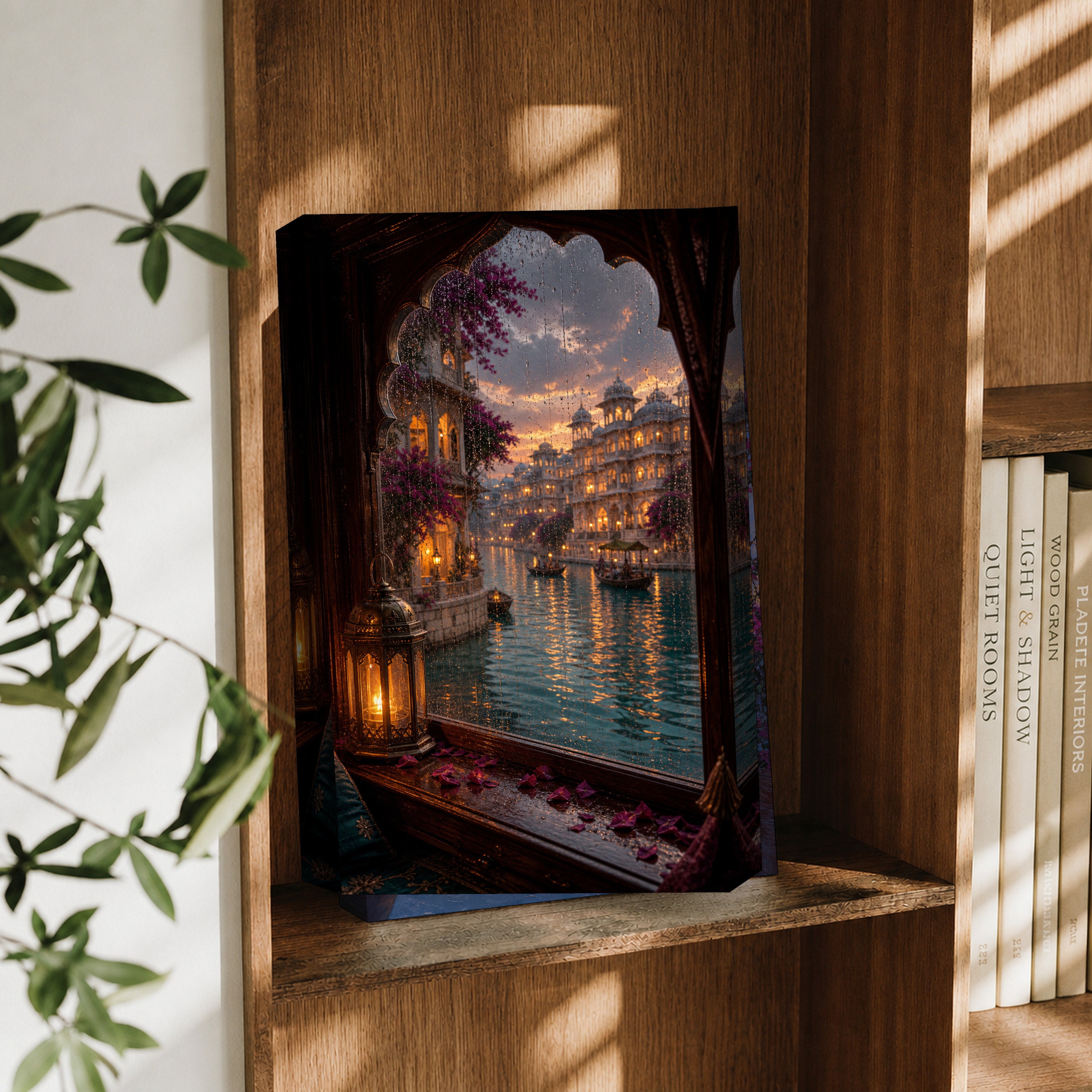 Udaipur Rain Streaked Boat Window canvas wall art decor mockup by Seji Art