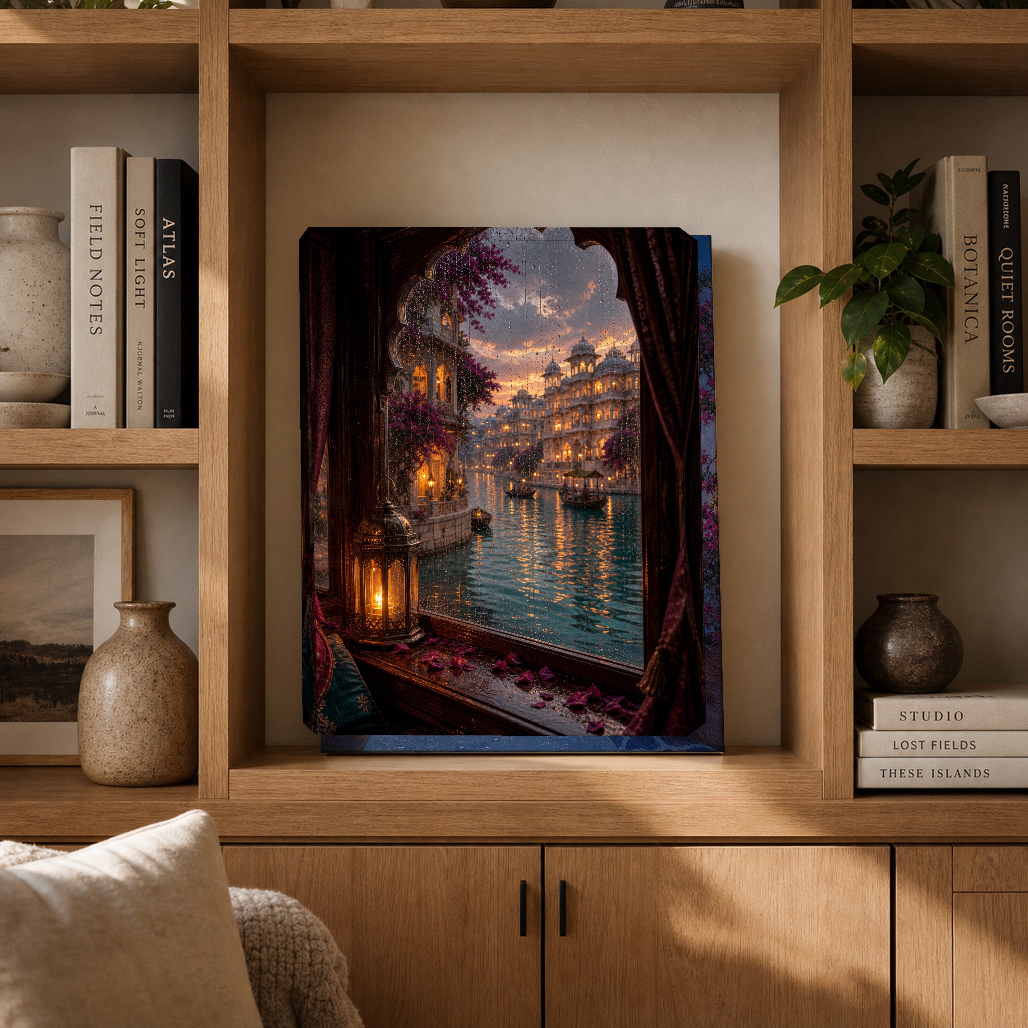 Udaipur Rain Streaked Boat Window canvas gallery shelf mockup by Seji Art