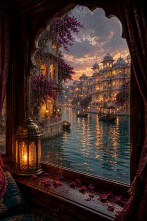 Udaipur Rain Streaked Boat Window Wall Art Print