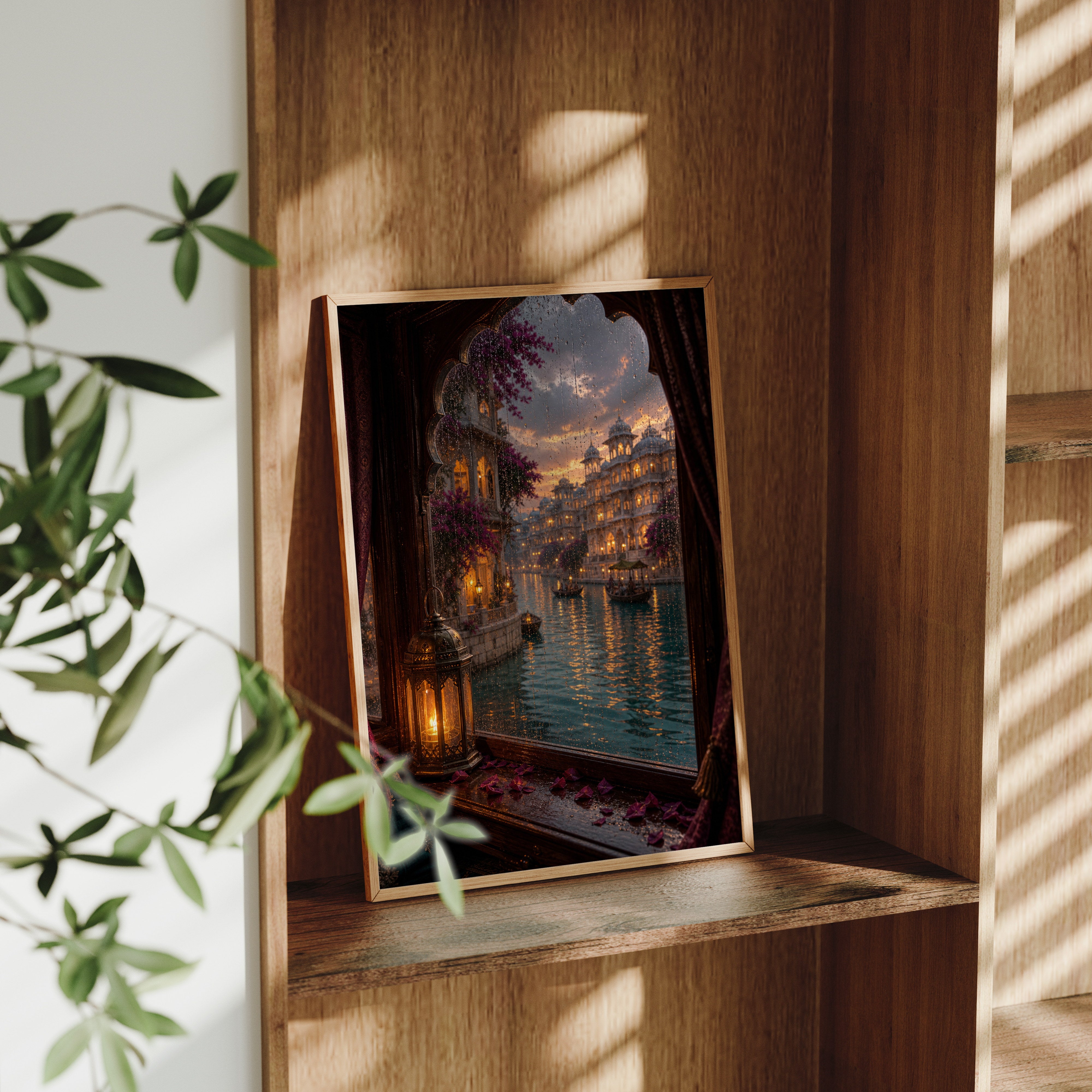 Udaipur Rain Streaked Boat Window poster framed room mockup by Seji Art