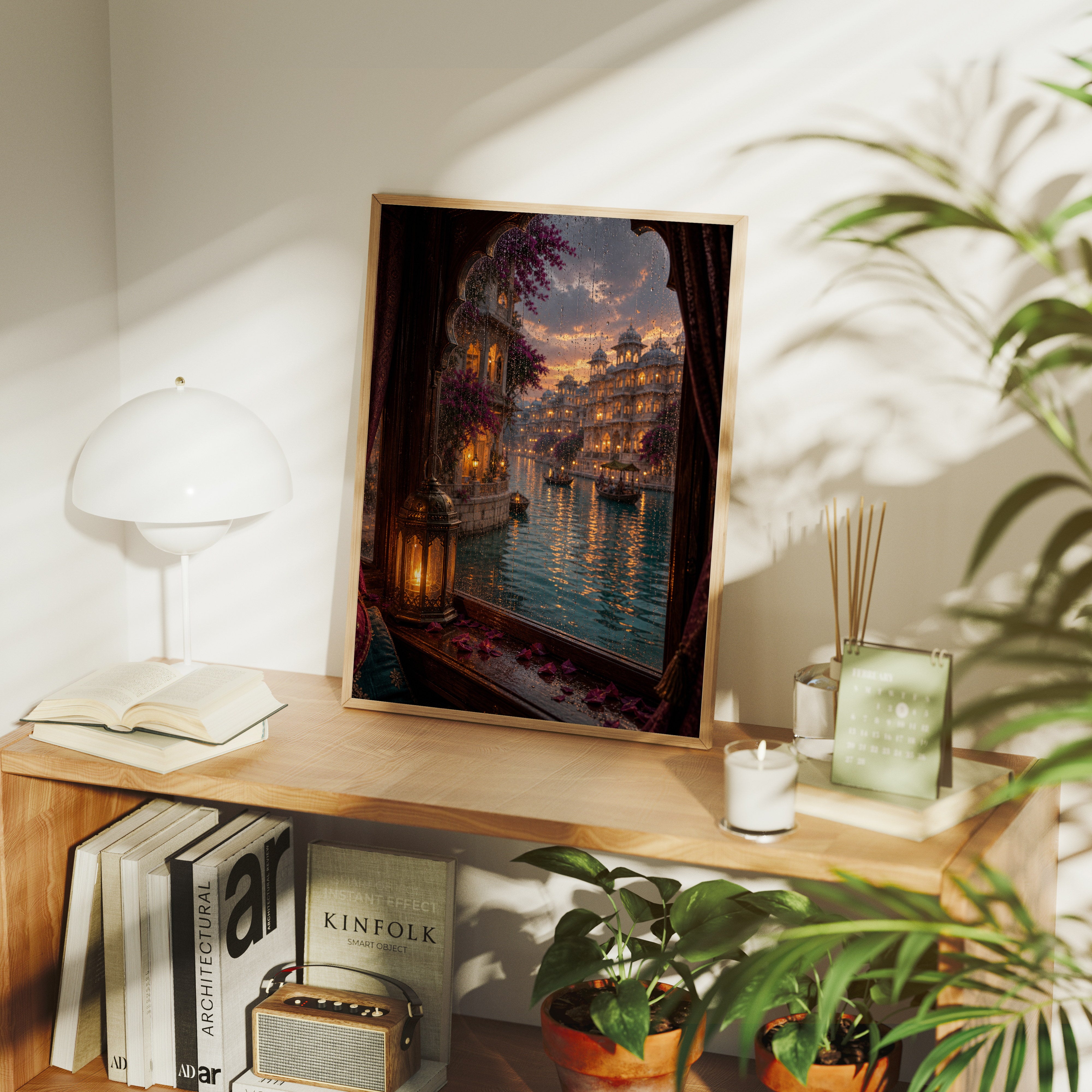 Udaipur Rain Streaked Boat Window poster gallery shelf mockup by Seji Art