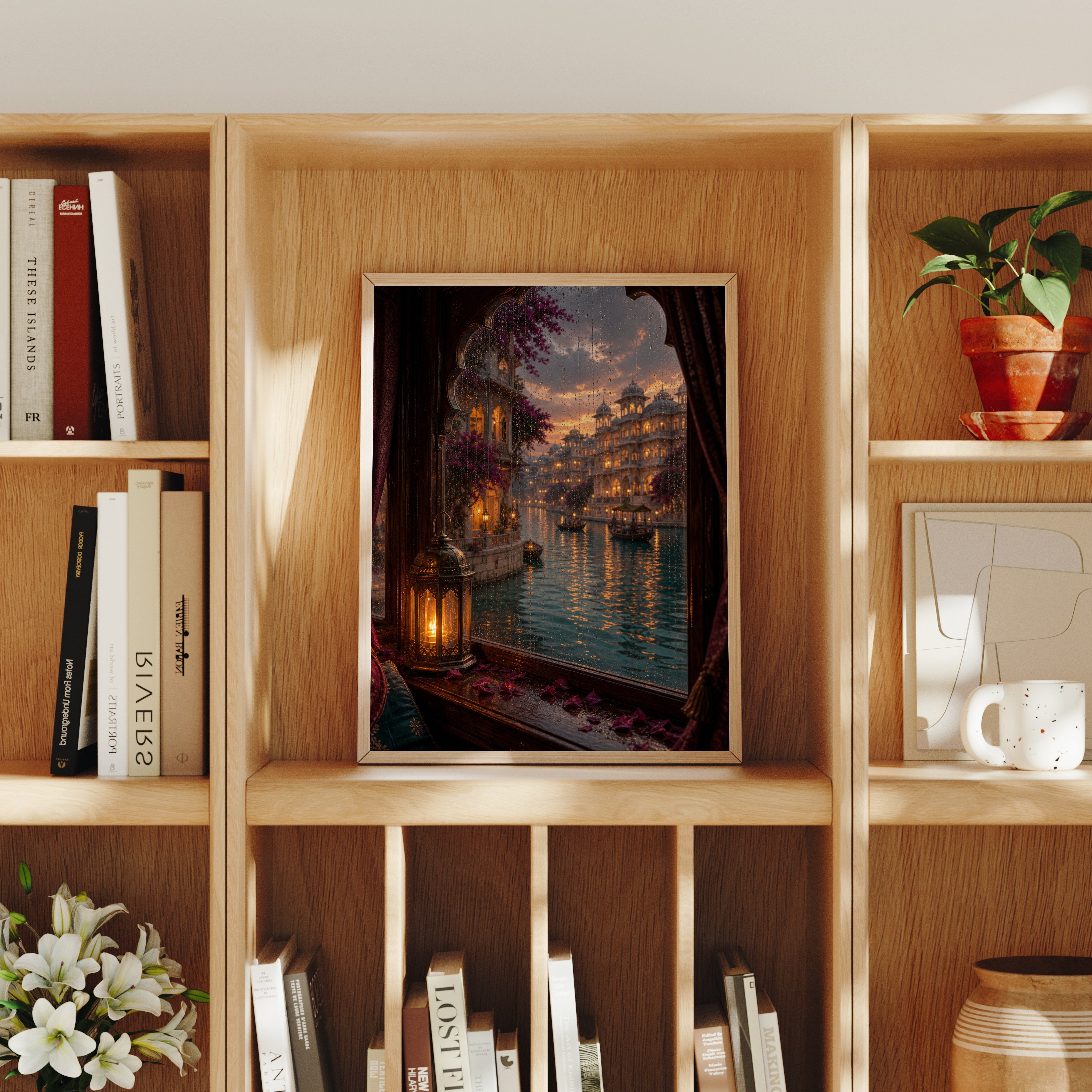 Udaipur Rain Streaked Boat Window poster home decor mockup by Seji Art