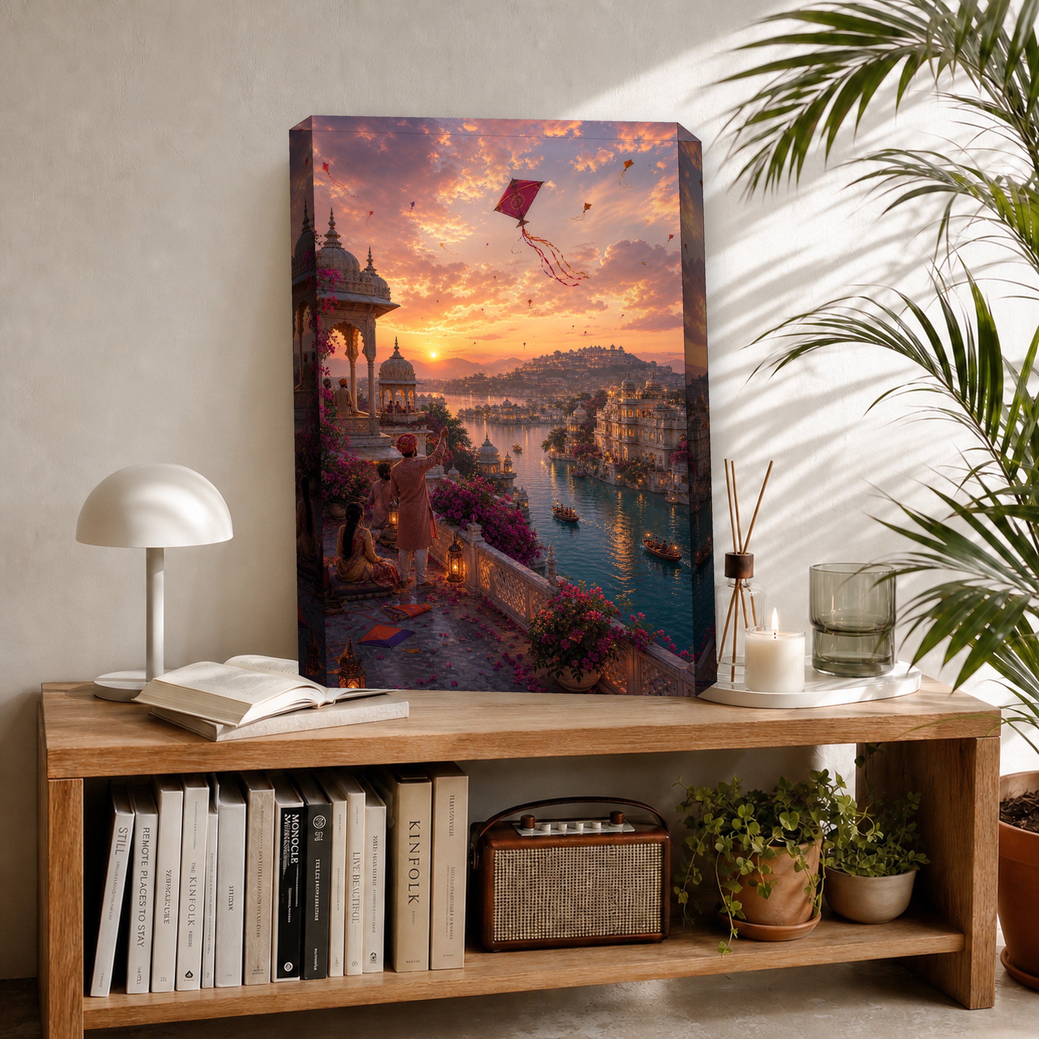 Udaipur Rooftop Kite Twilight canvas room mockup by Seji Art
