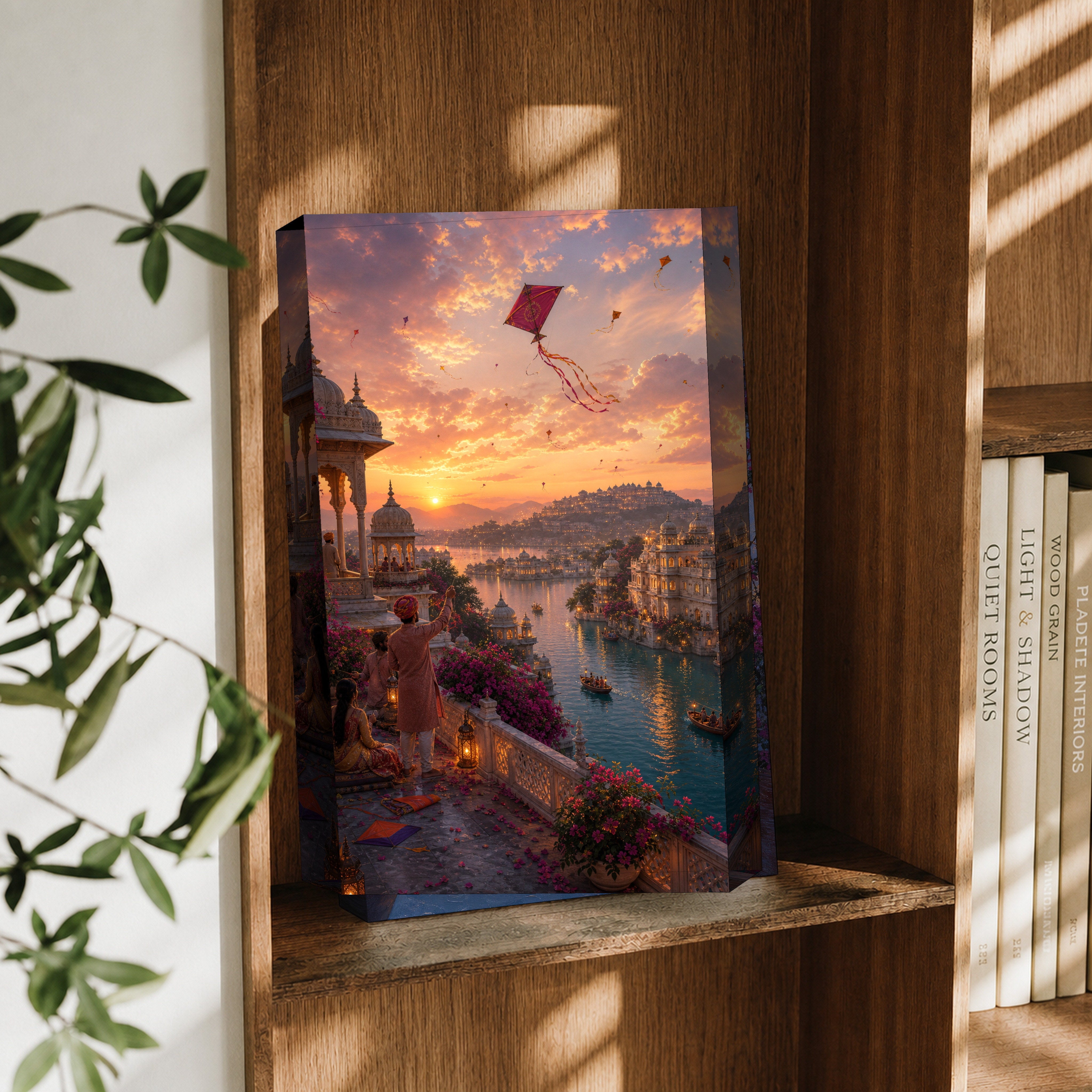 Udaipur Rooftop Kite Twilight canvas wall art decor mockup by Seji Art