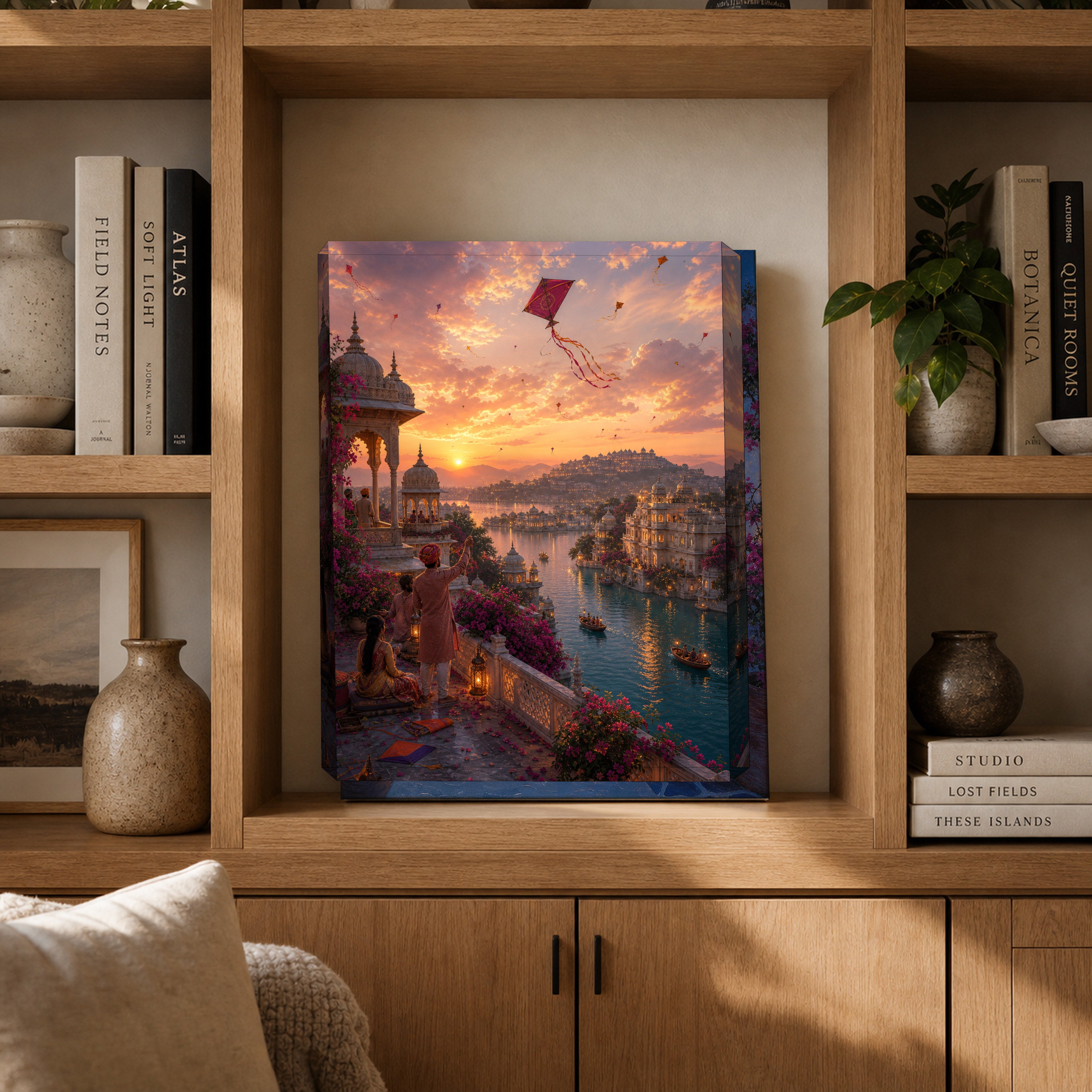 Udaipur Rooftop Kite Twilight canvas gallery shelf mockup by Seji Art