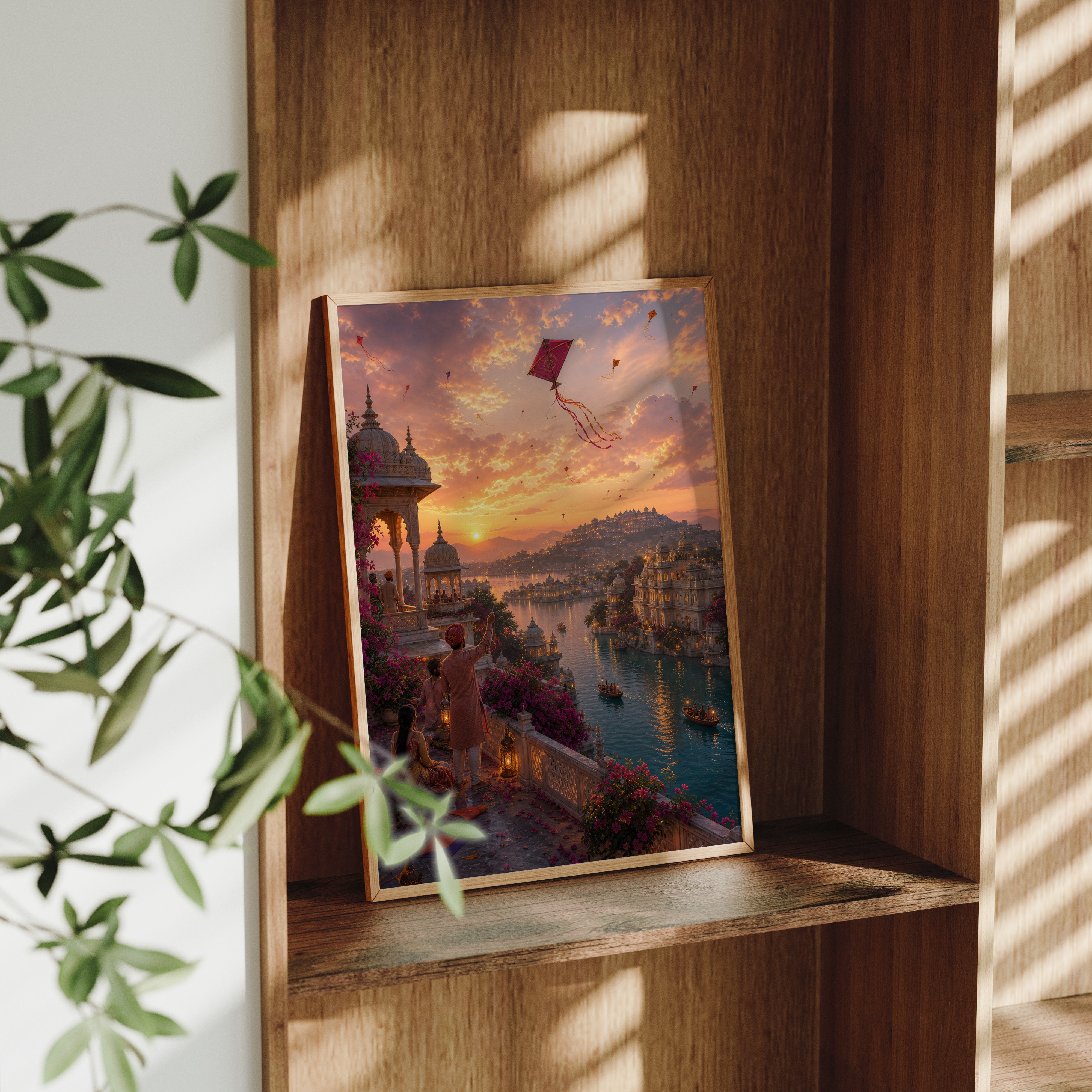 Udaipur Rooftop Kite Twilight poster framed room mockup by Seji Art