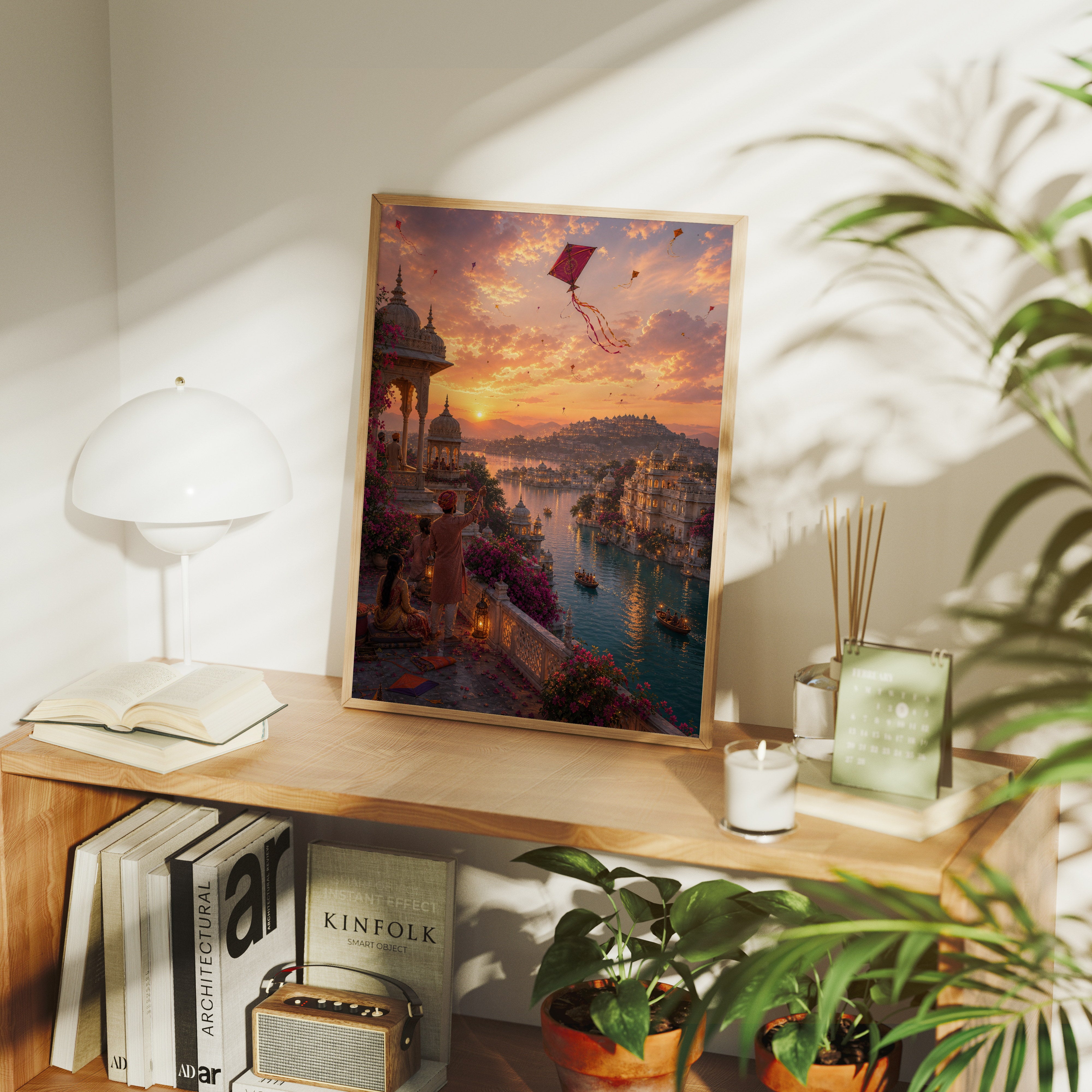 Udaipur Rooftop Kite Twilight poster gallery shelf mockup by Seji Art