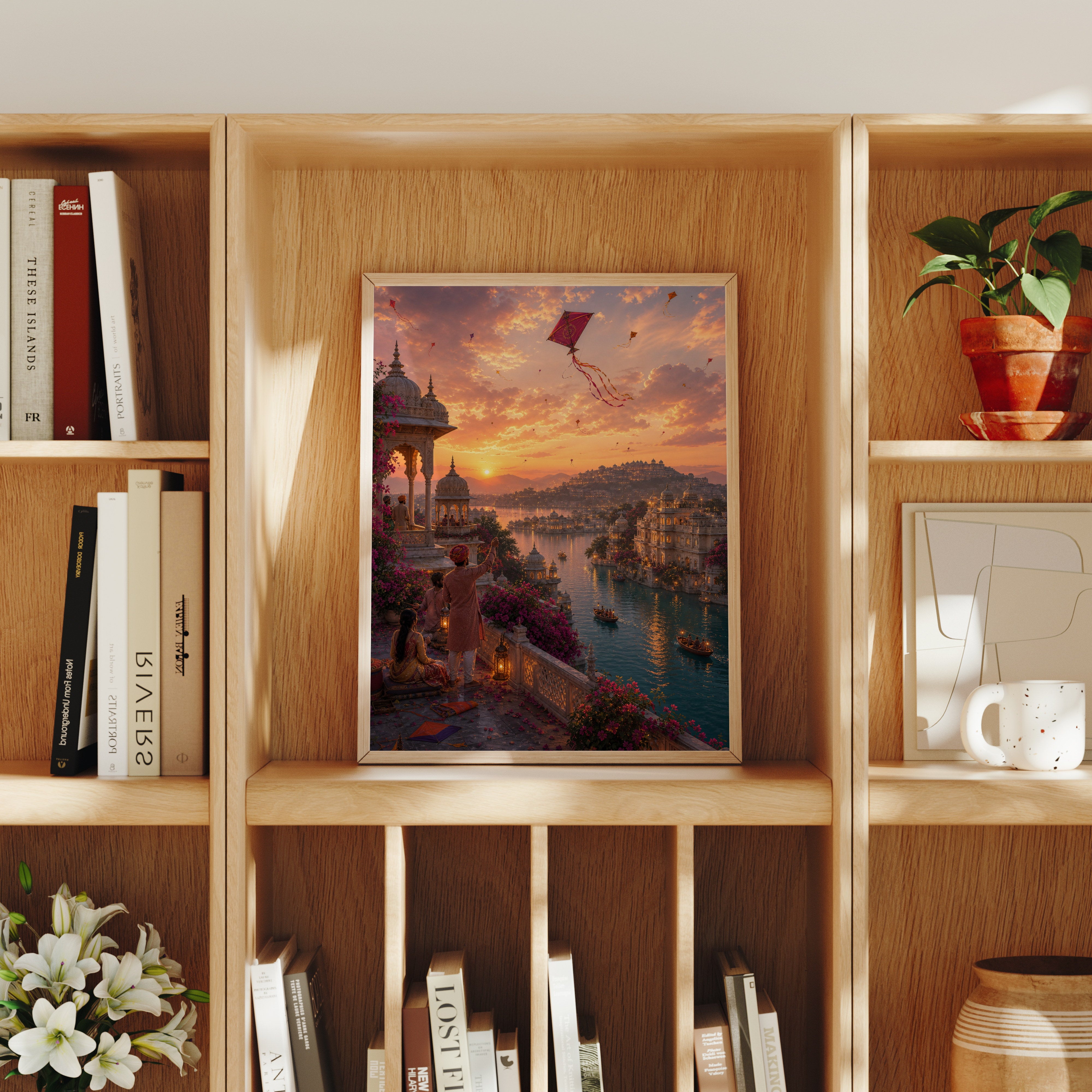 Udaipur Rooftop Kite Twilight poster home decor mockup by Seji Art