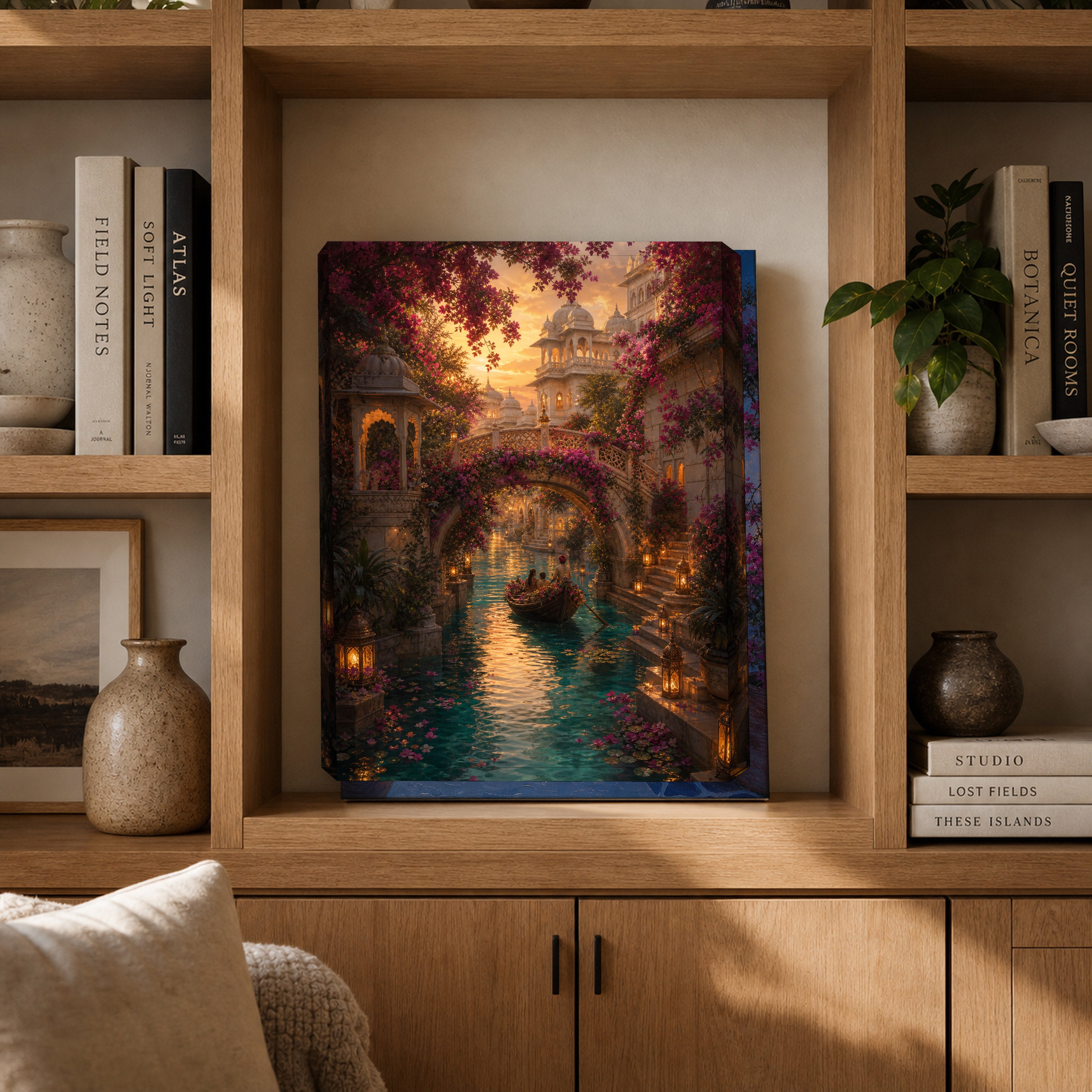 Udaipur Secret Garden Waterway canvas gallery shelf mockup by Seji Art